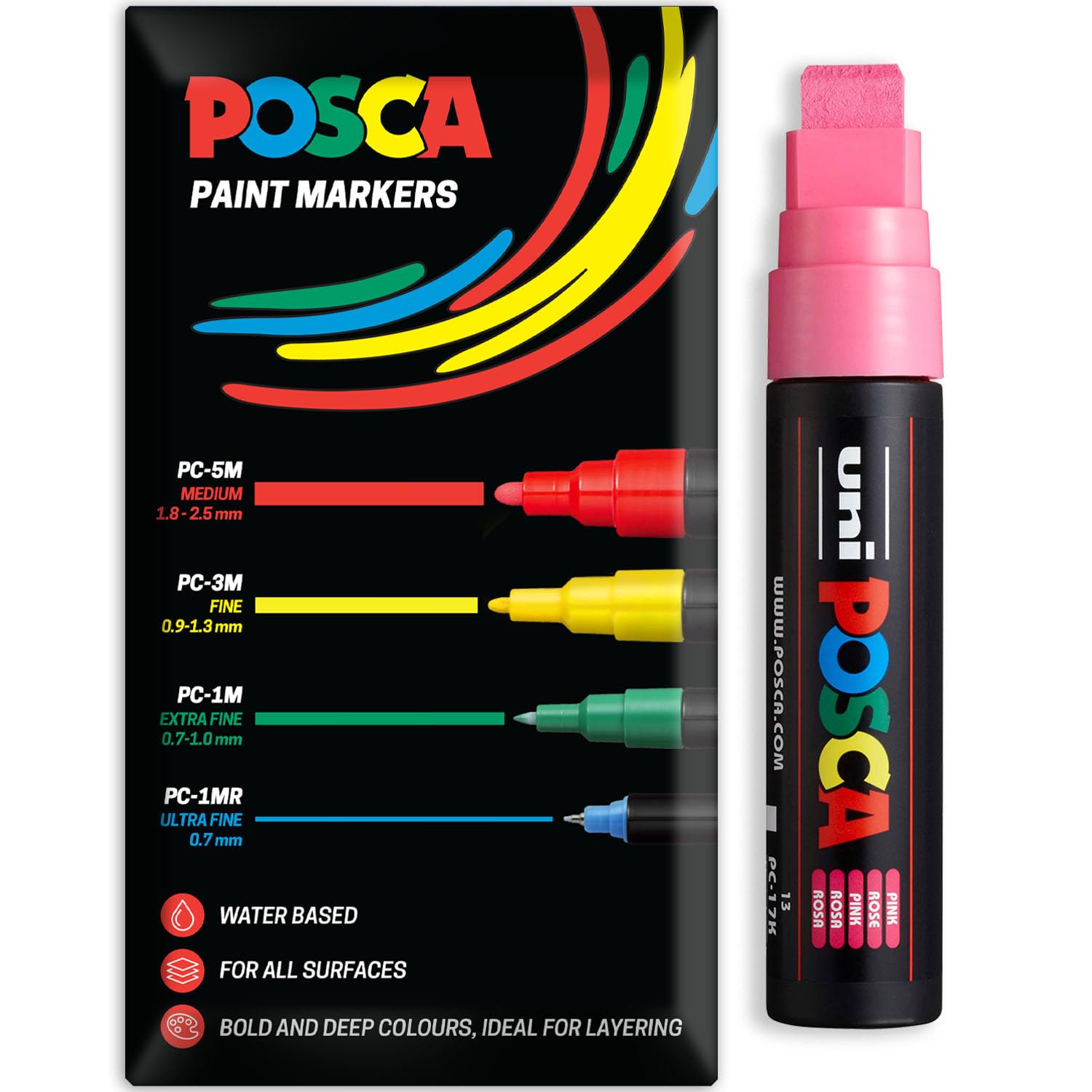 Posca Water Based Acrylic Paint Marker Pens | Multi Surface Use Permanent Paint Pen | Pack of 1 in Envelope Gift Packaging | Glass, Fabric, Wood etc | XXL Chisel Tip PC-17K, Pink