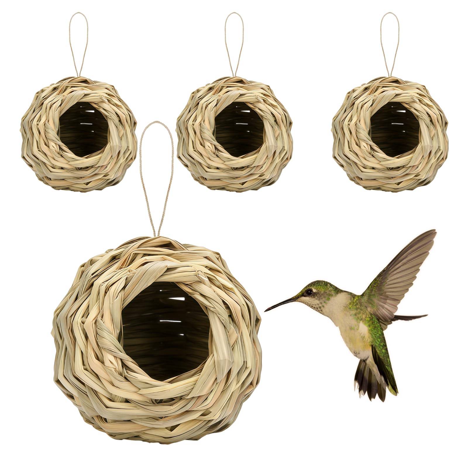 HAICN 4Pieces 12cm Hanging Bird Nest House Natural Hummingbird Ball House Hatching Breeding Cave House Handwoven Straw Bird Accessory for Outdoor Garden