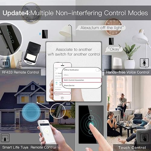 Miniatura 7 de MoesGo Interruptor de luz de pared inteligente WiFi, panel de vidrio, multicontrol (3 vías), interruptores táctiles Wi-Fi de 2.4 GHz, requiere cable
