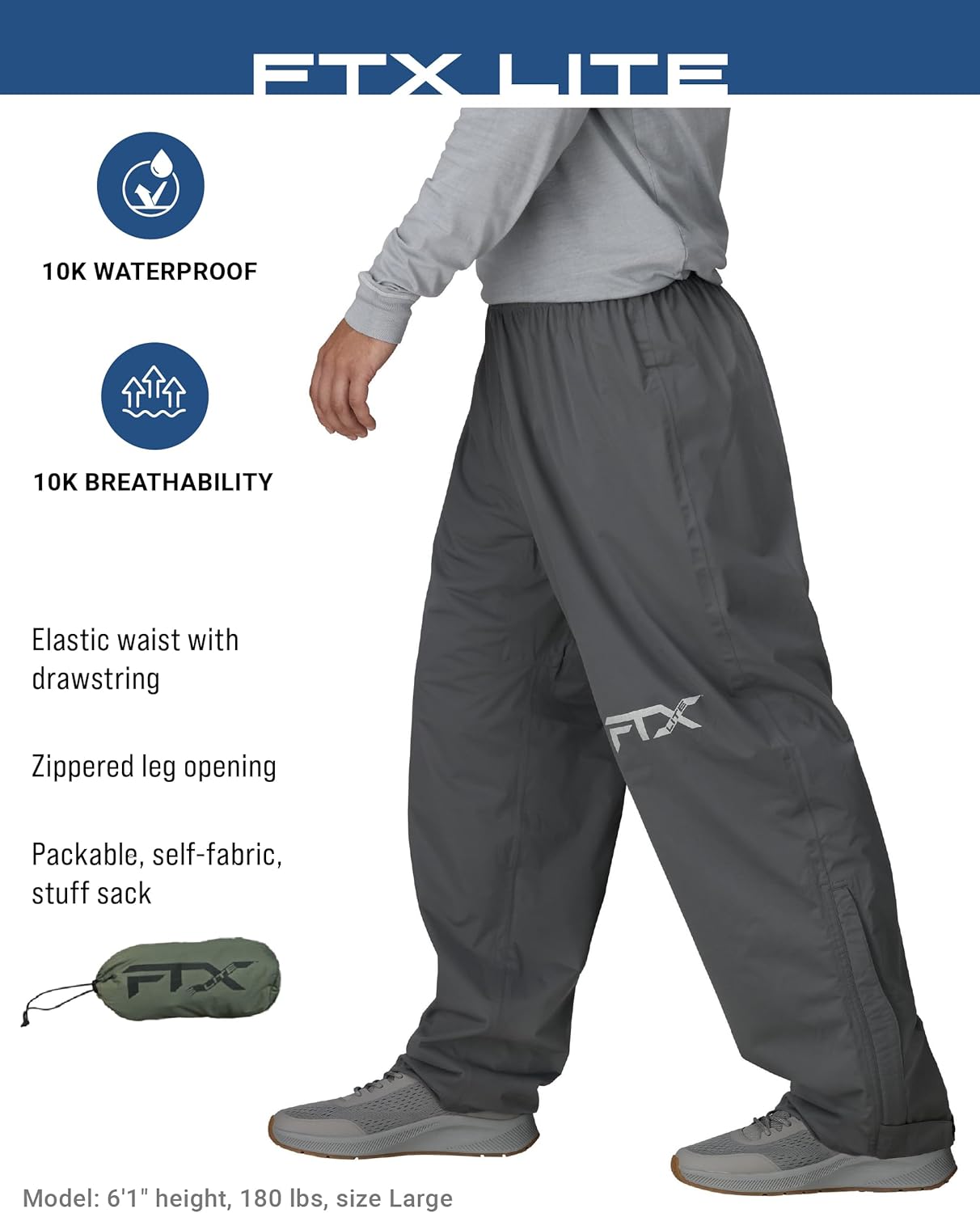 FROGG TOGGS Mens Ftx Lite Waterproof Rain Pant, Breathable, Comfort Stretch