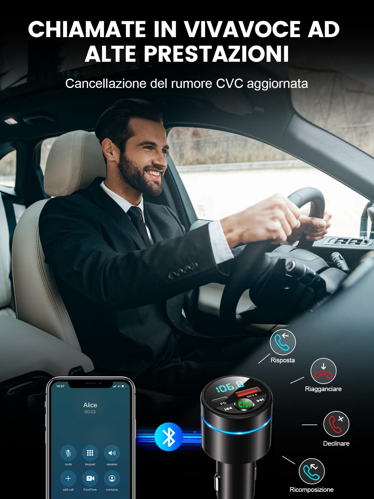 Mohard [Carcassa in Metallo] Bluetooth 5.3 Auto Trasmettitore FM, PD 30W & QC3.0 18W Ricarica Rapida Adattatore Bluetooth Auto Accendisigari, Amplificatori Multicanale Musica Hi-Fi & Chiamate Vivavoce