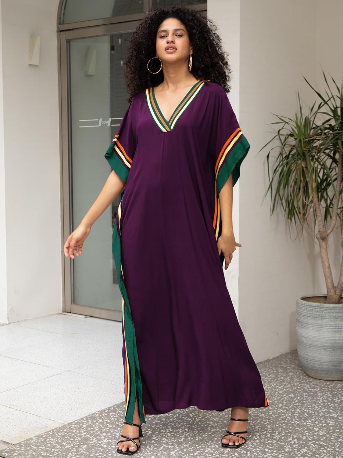 Kaftan Dresses for Women V-Neck Print Swimsuit Cover Up Plus Size Beach Caftan Lounge Dress - Image 2