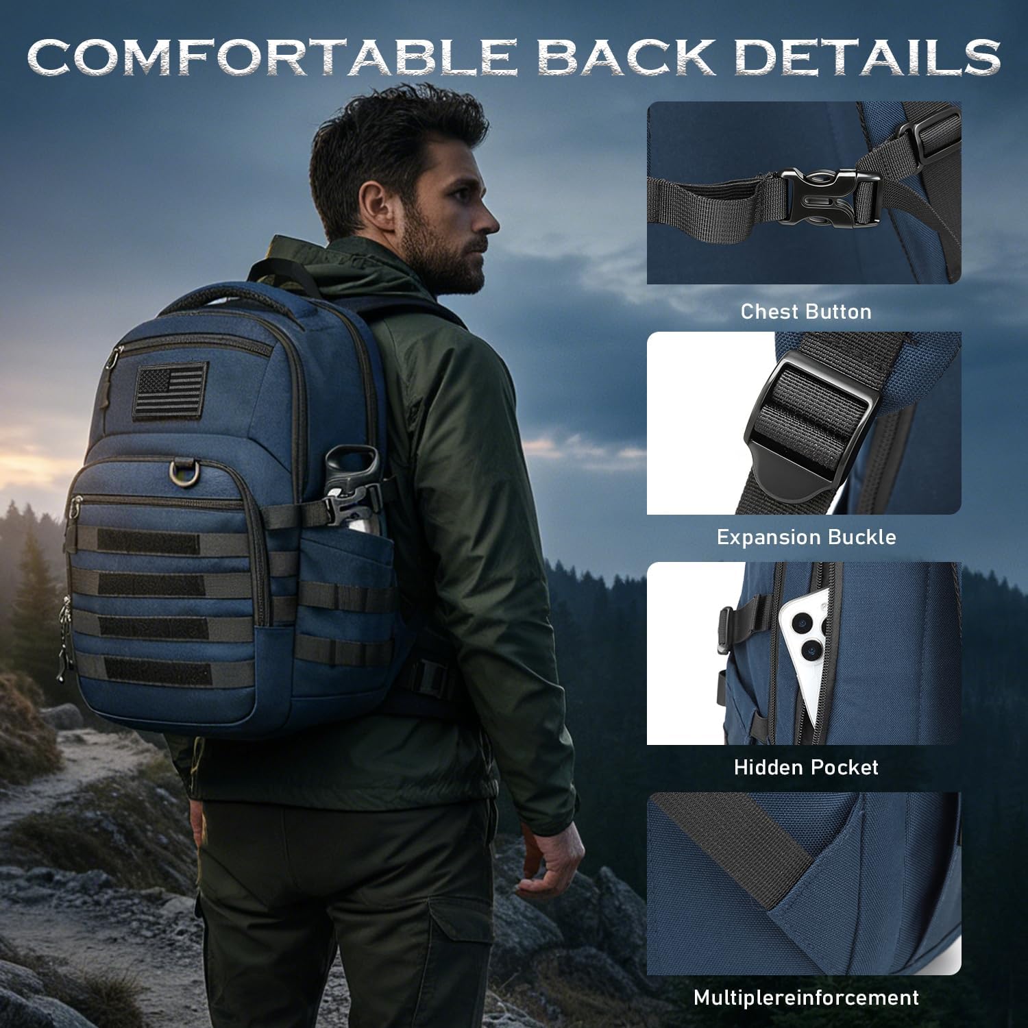 25L Military Tactical Backpack for Men - Molle Army 3 Days Assault Pack Out Bag Hiking Rucksack (Blue, 25L)