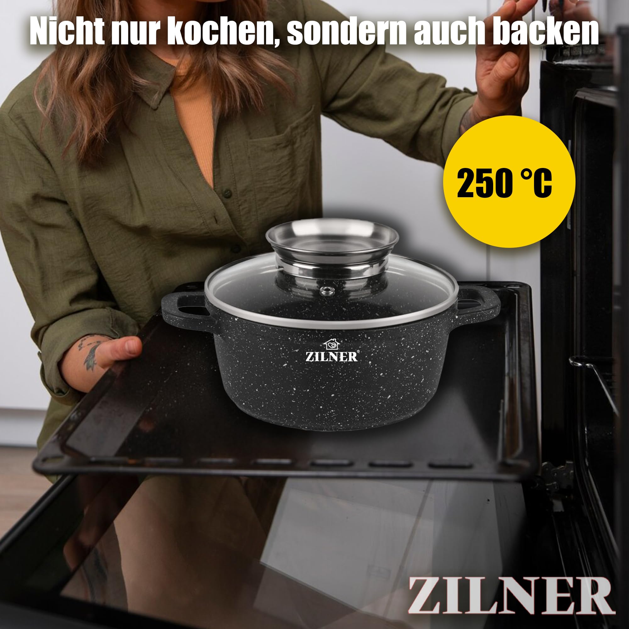 Zestaw garnków indukcyjnych – zestaw garnków ze szklaną pokrywką – garnki do wszystkich rodzajów kuchenek – powłoka zapobiegająca przywieraniu – ZILNER® (3, czarny)