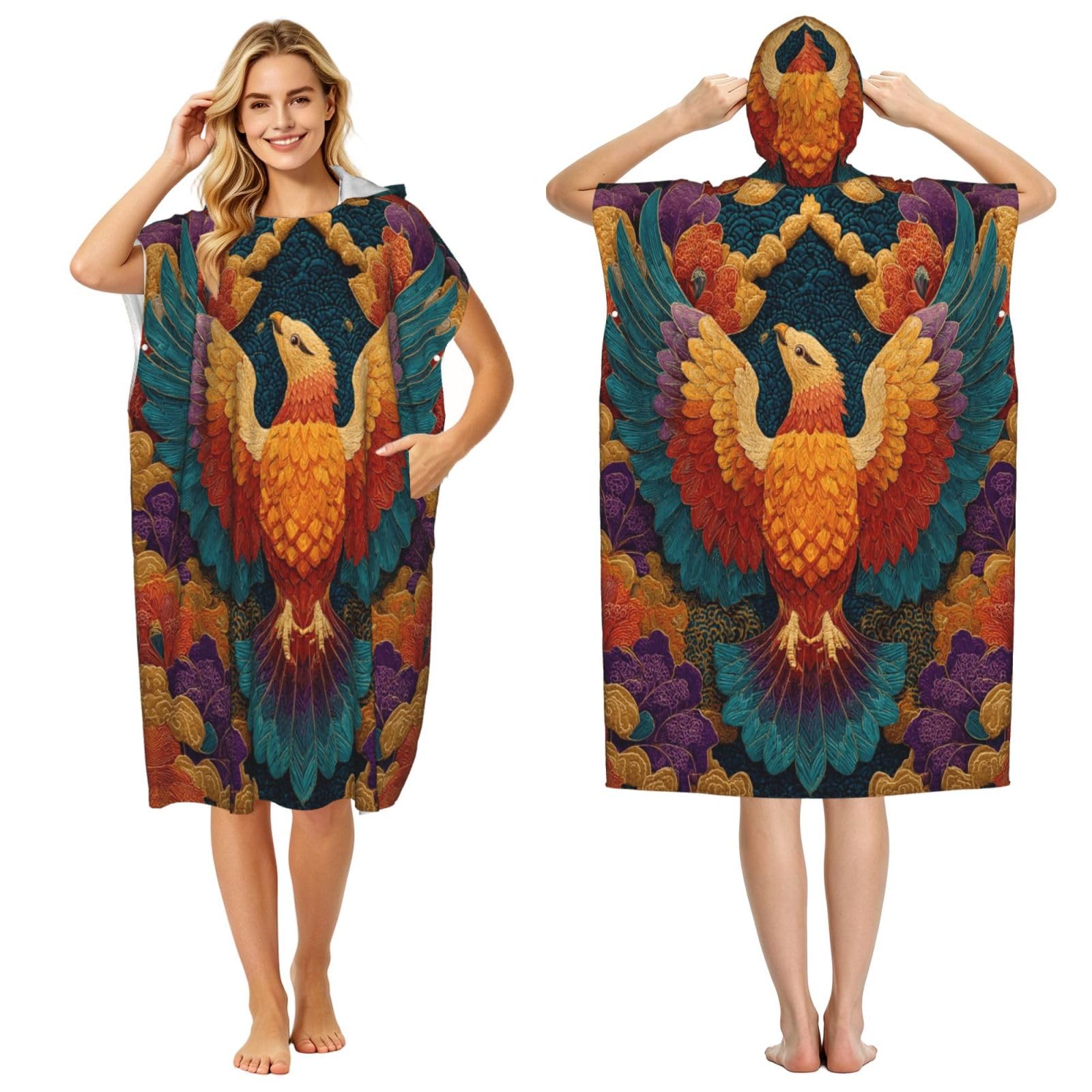 DTHKJNLSF Phoenix Embroidery Adult Hooded Beach Poncho Towel