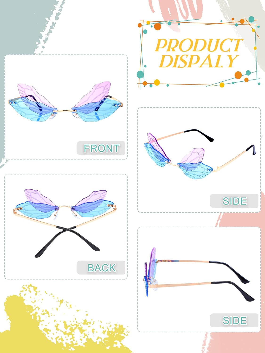 Flutesan 7 Pieces Dragonfly Sunglasses Fairy Glasses Butterfly Glasses Rimless Sunglasses for Women Men