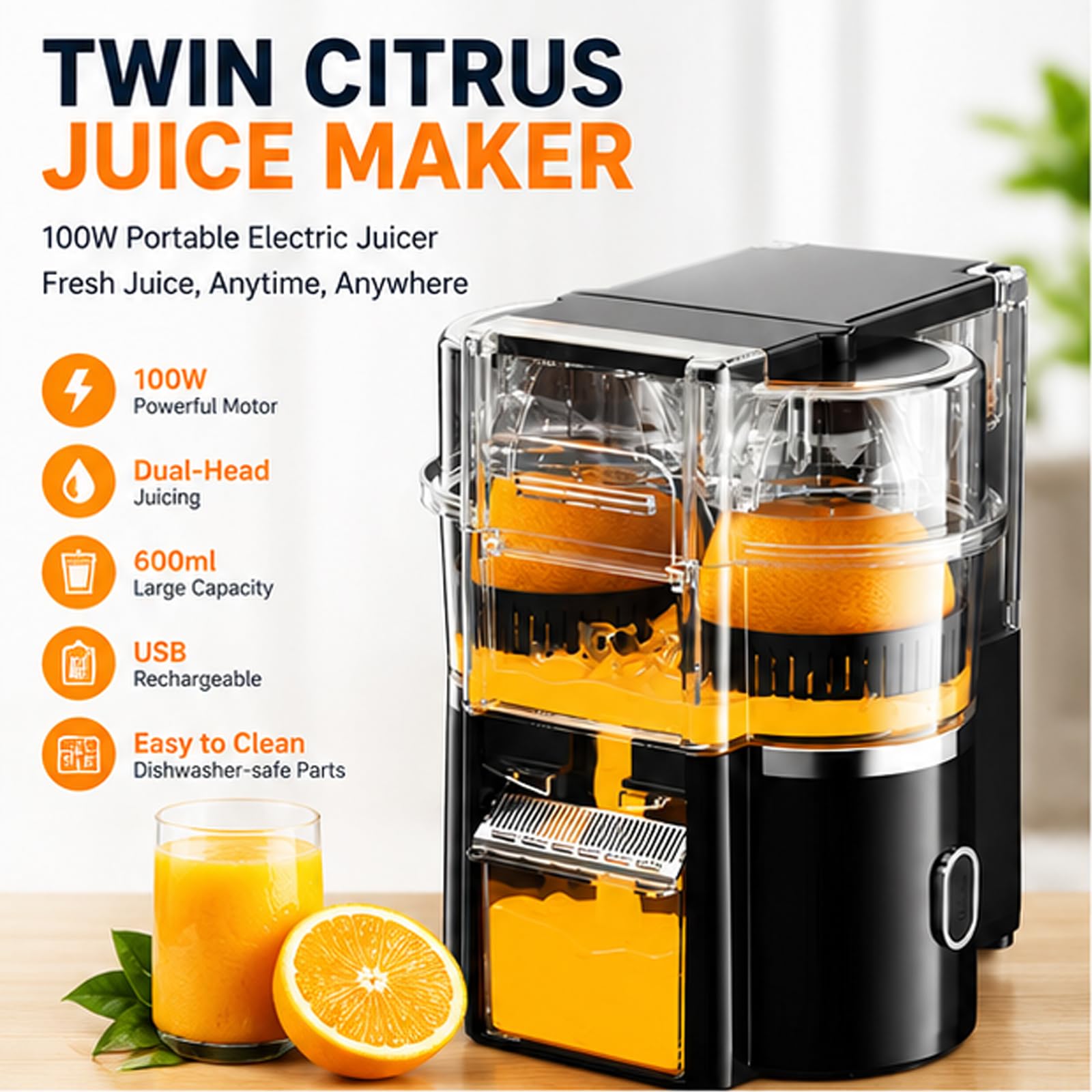 Macchina per Succo di Agrumi Doppia Ricaricabile, Spremiagrumi Elettrico da 600 ml, Affettatrice per Agrumi Incorporata Facile da Pulire per Arancia Limone Pompelmo white