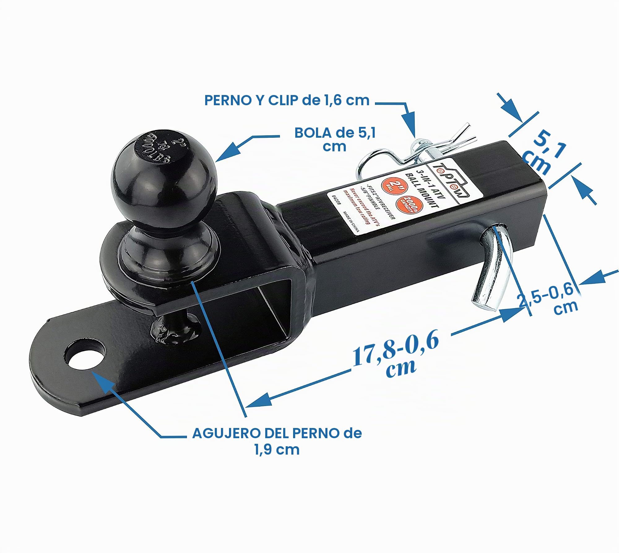 TOPTOW - Enganche de Bola para Remolque para cuatrimoto/UTV, Bola de 5 cm, Pasador de grillete, se Adapta a Receptor de 5 cm