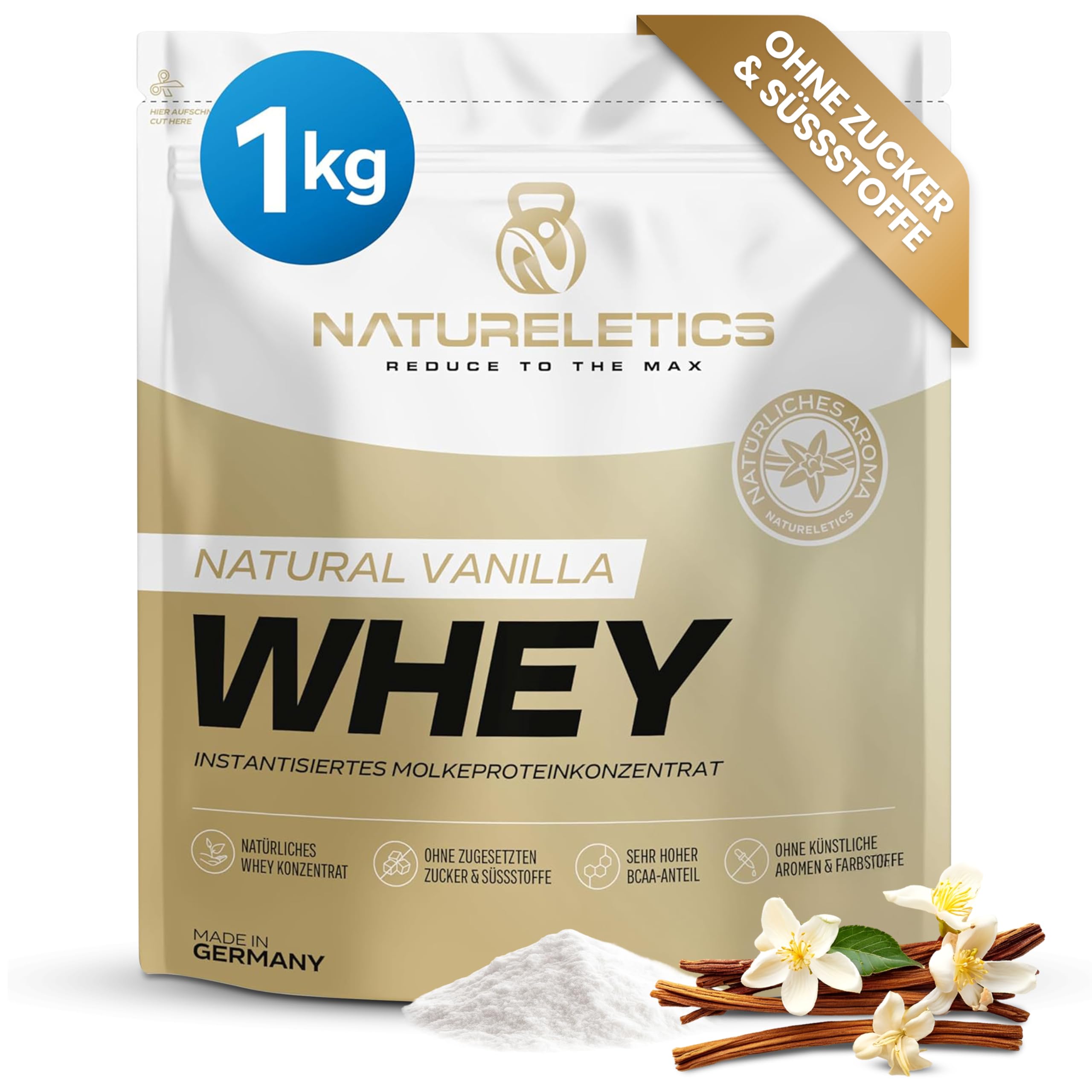 NATURELETICS VANILLE Whey Protein Ungesüßt ohne Süßstoffe und Zuckerzusatz Natürliches Premium Eiweißpulver, 1kg ohne Aspartam & Sucralose, Low Carb, Hoher BCAA-Anteil, Made in Germany