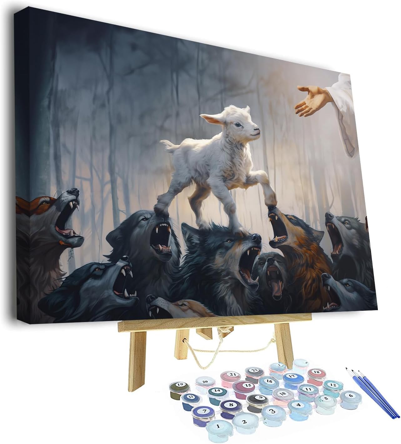 Lamb Walking Over Wolves to Jesus DIY Paint by Numbers for Adults Christian God Salvation Paint by Numbers Kits Acrylic Pigment 16X20 Inch With Frame Canvas Wall Decor Oil Painting for Friends Family