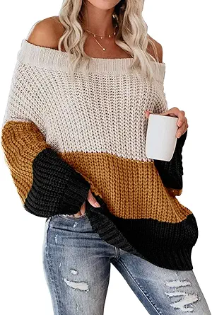 VIMPUNEC Womens Oversized Sweater Color Block Off The Shoulder Pullover Sweaters Cable Knit Chunky Striped Tops