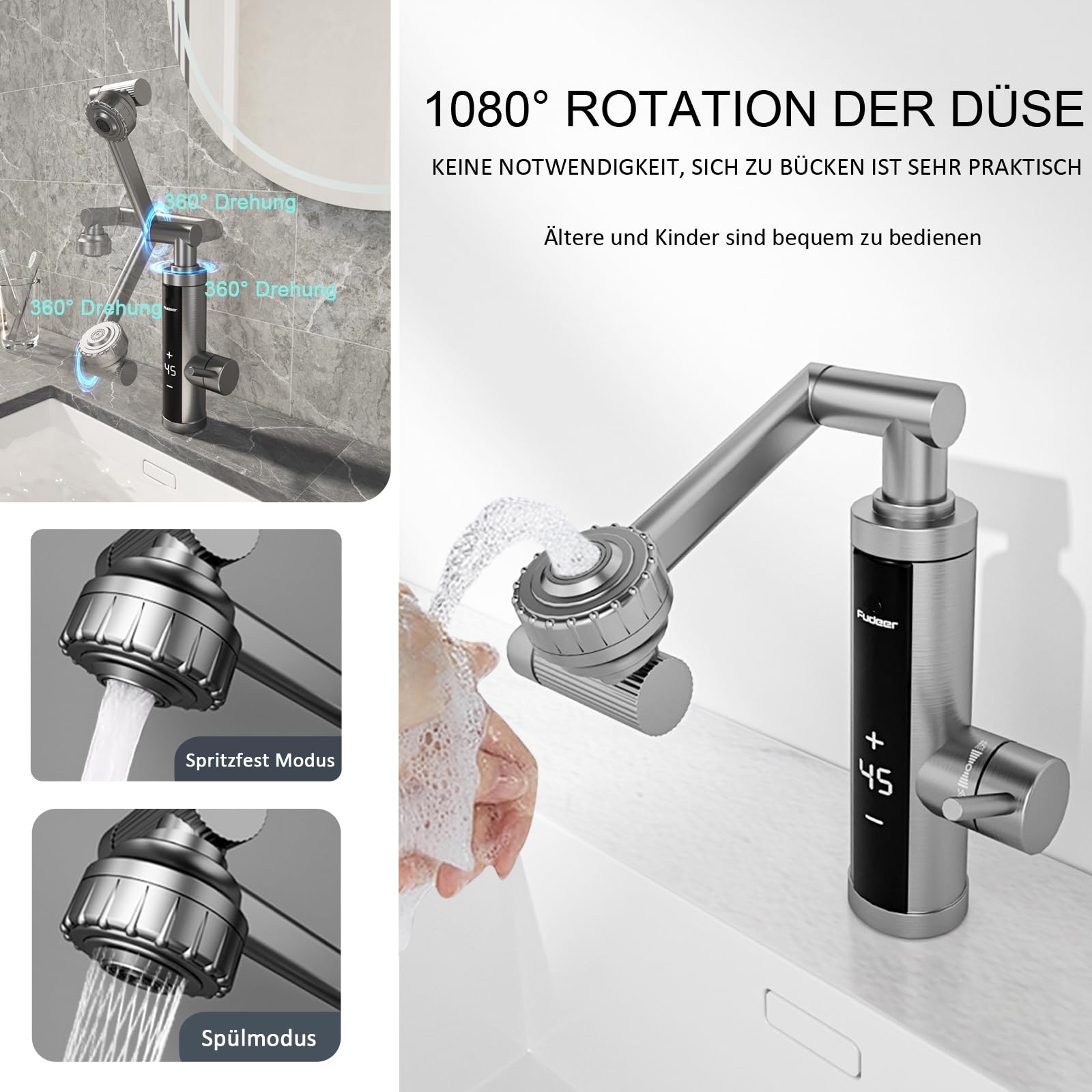 Wasserhahn mit Durchlauferhitzer für Küche, Bad, Edelstahl-Warmwasserhahn Versorgung Heiß- und Kaltwasserhahn mit Digitalanzeige, 230v Elektrische Wasserhahn (Mechanischer Auslauf)