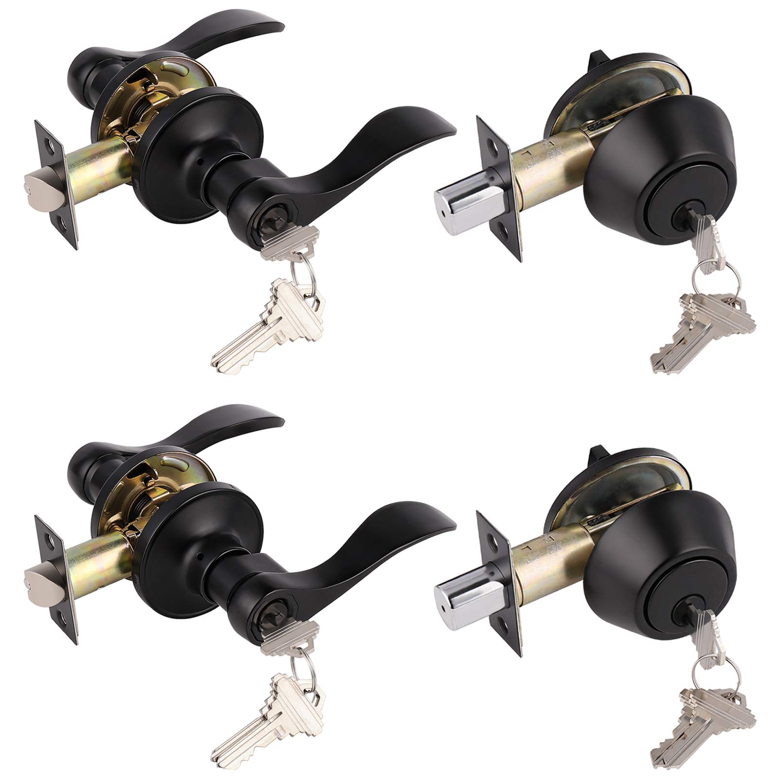 2 Pack Matte Black Keyed-alike Door Levers and Double Cylinder Deadbolts Combination Sets Locksets,with Same Key,Reversible for Right/Left Handed Doors