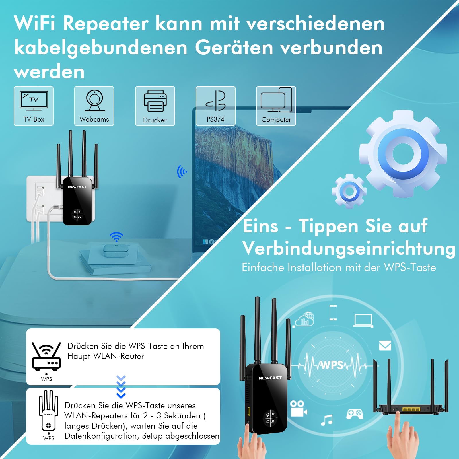 NEWFAST WLAN Verstärker,1200Mbps WiFi Extender Dual-Band WLAN Repeater | mit 4 Schwenkbare Antenne,WPS,MU-MIMO,Unterstützung Repeater/Router/Ap Modus für Zuhause und Büro,1-Tippen Einrichten,EU Plug