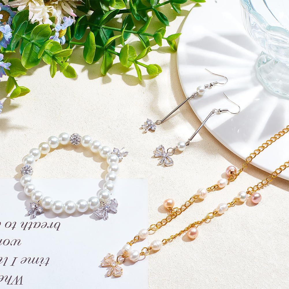 DELORIGIN 16pcs 4 Styles Bowknot Charm Brass Cubic Zirconia Bow Tie Dangle Charms with Horizontal Loops and 100pcs Jump Rings Bow Link Pendants for Jewellery Making Bracelet Necklace Earrings Crafts - Image 3