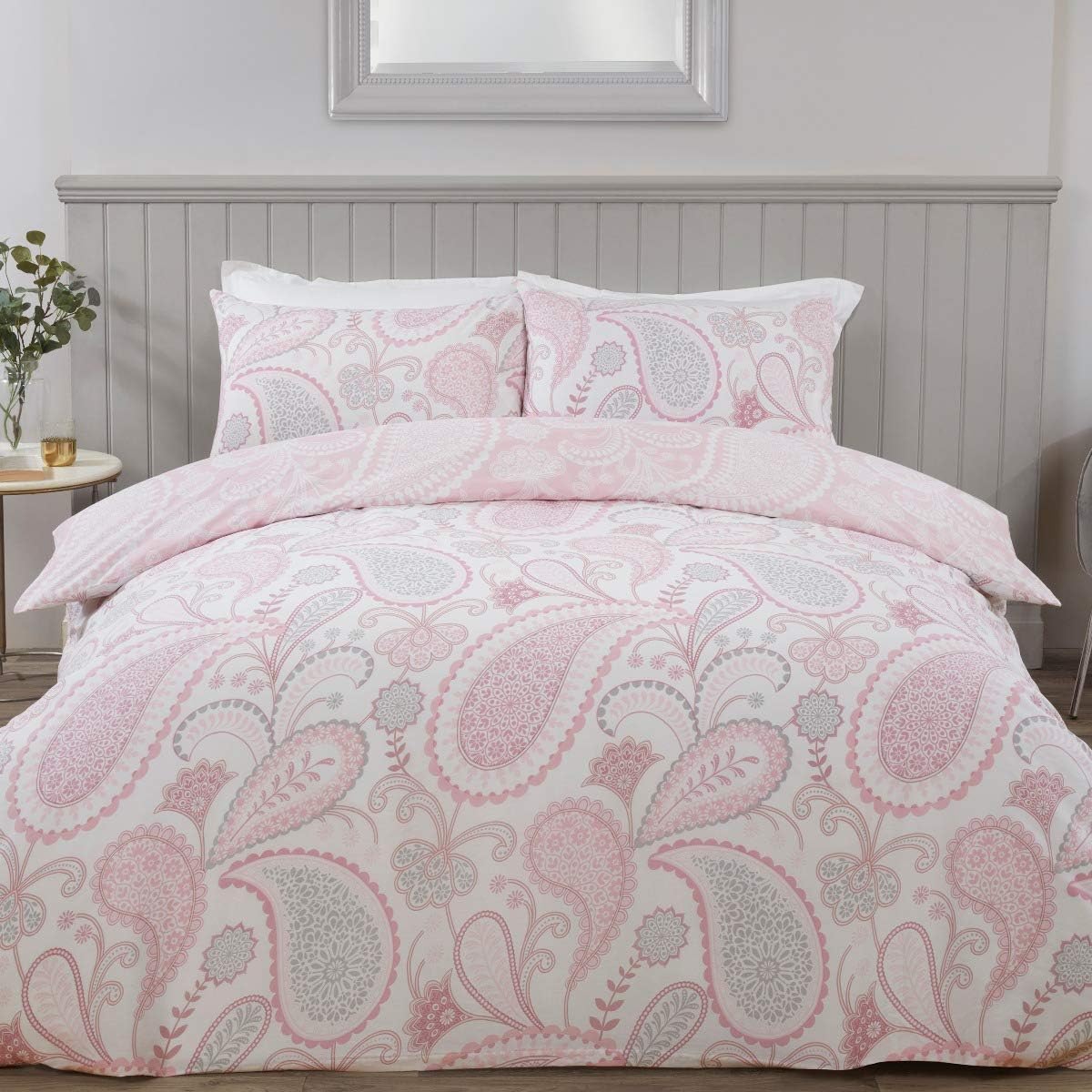 SleepdownSleepdown Paisley Floral Blush Pink Reversible Soft Easy Care Duvet Cover Quilt Bedding Set with Pillowcases - King (220cm x 230cm), 5056242781479