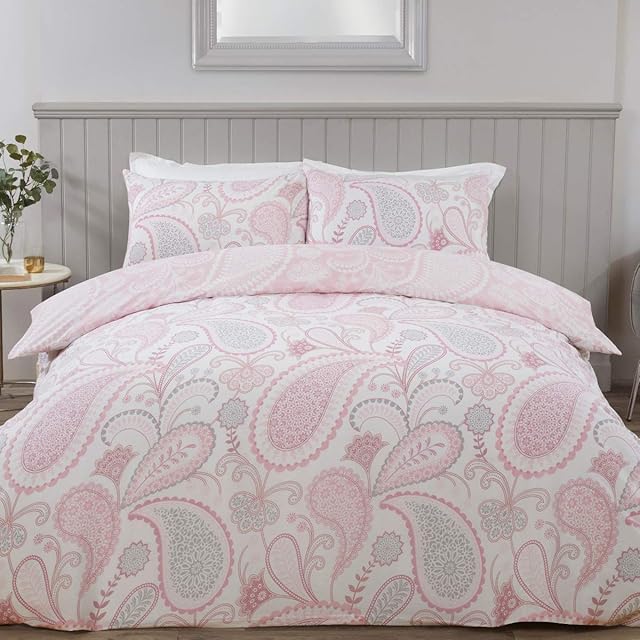 Sleepdown Paisley Floral Blush Pink Reversible Soft Easy Care Duvet Cover Quilt Bedding Set with Pillowcase - Single (135cm x 200cm)