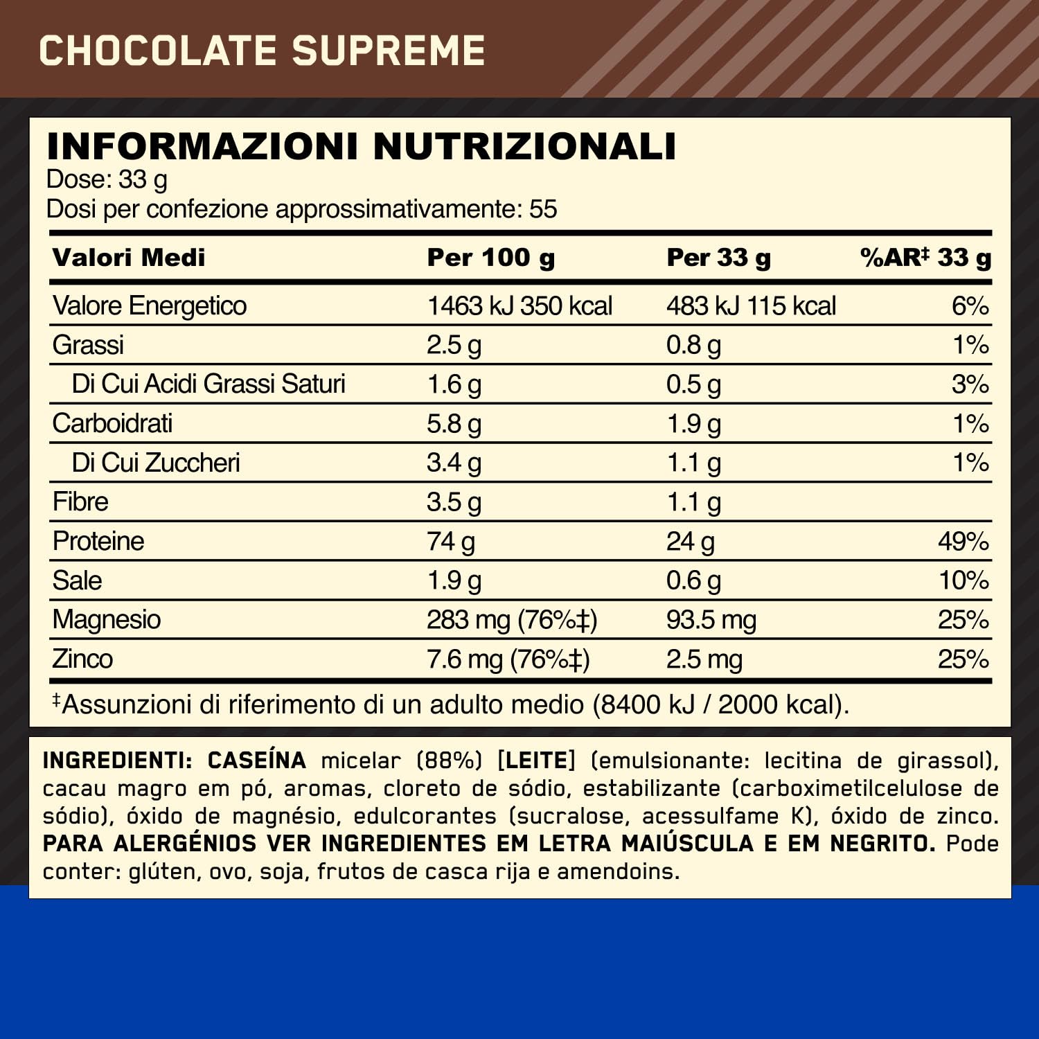 Optimum Nutrition Gold Standard 100% Proteine Caseina in Polvere, Gusto Cioccolato Supreme, 1.82kg, 55 Porzioni