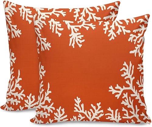 Cotton Throw Pillow Covers Reversible Set of 2, Coral Ocean Orange Soft Couch Pillow Covers for Sofa Bedroom Living Room 18 x 18 Inch Decorative