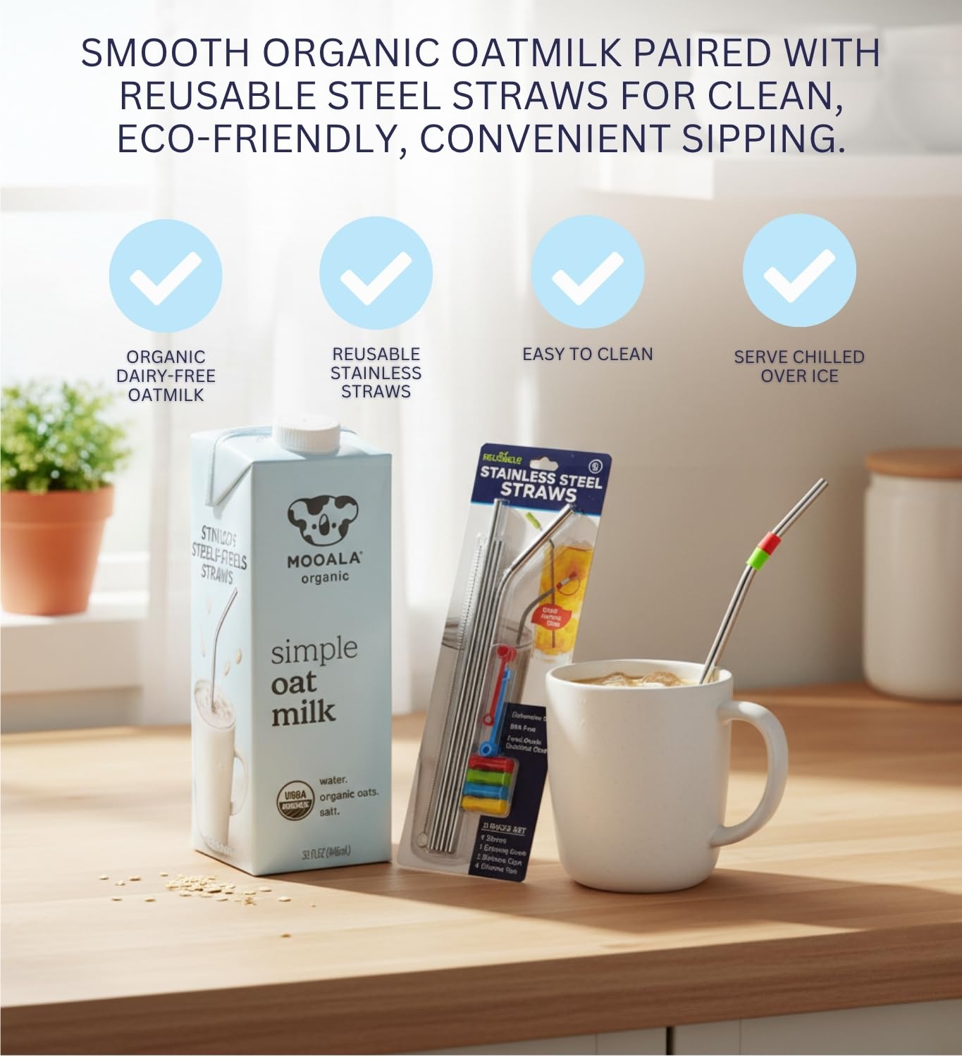 6x Mooala Oat Milk Organic Simple 32 FO Bundle with Stainless Steel Drinking Straws – Organic Oatmilk with Himalayan Salt for Smooth, Creamy Drinks and Recipes — Gift Set (7 Items)