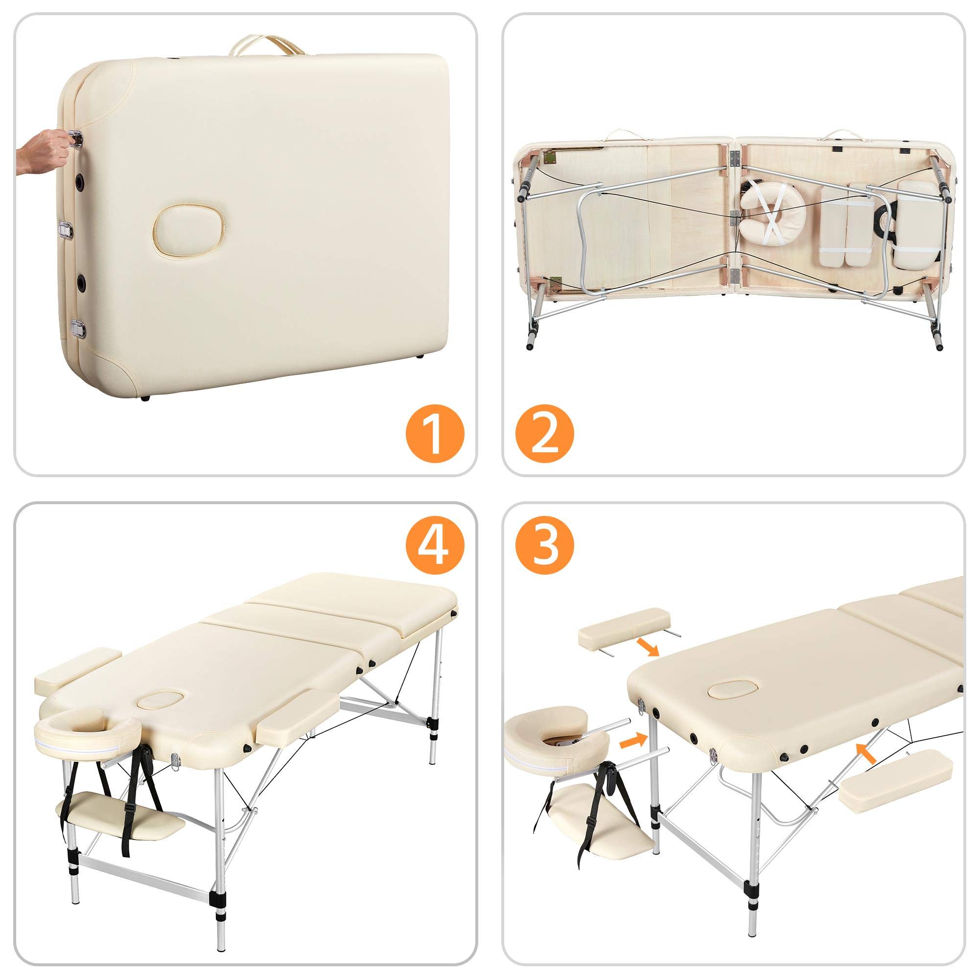 Yaheetech Massageliege 70cm breit Mobile Aluminium Massagetisch 3 Zonen höhenverstellbar mit hochwertiger Kopfstütze und Transporttasche bis 250kg belastbar Beige