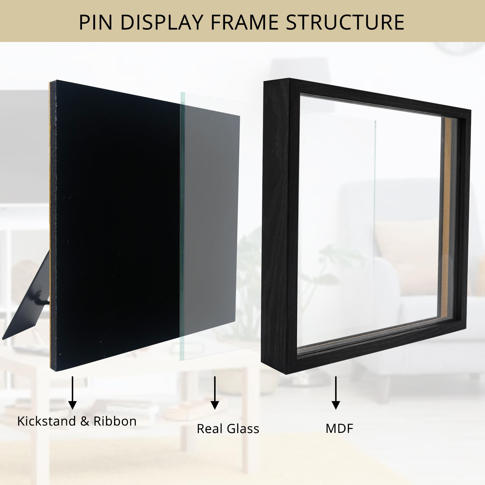 GMFrames Teca espositiva per spille smaltate 11x11 pollici (28x28 cm), cornice espositiva per collezione con vetro vero, shadow box per parete e piano d'appoggio, porta spille nero