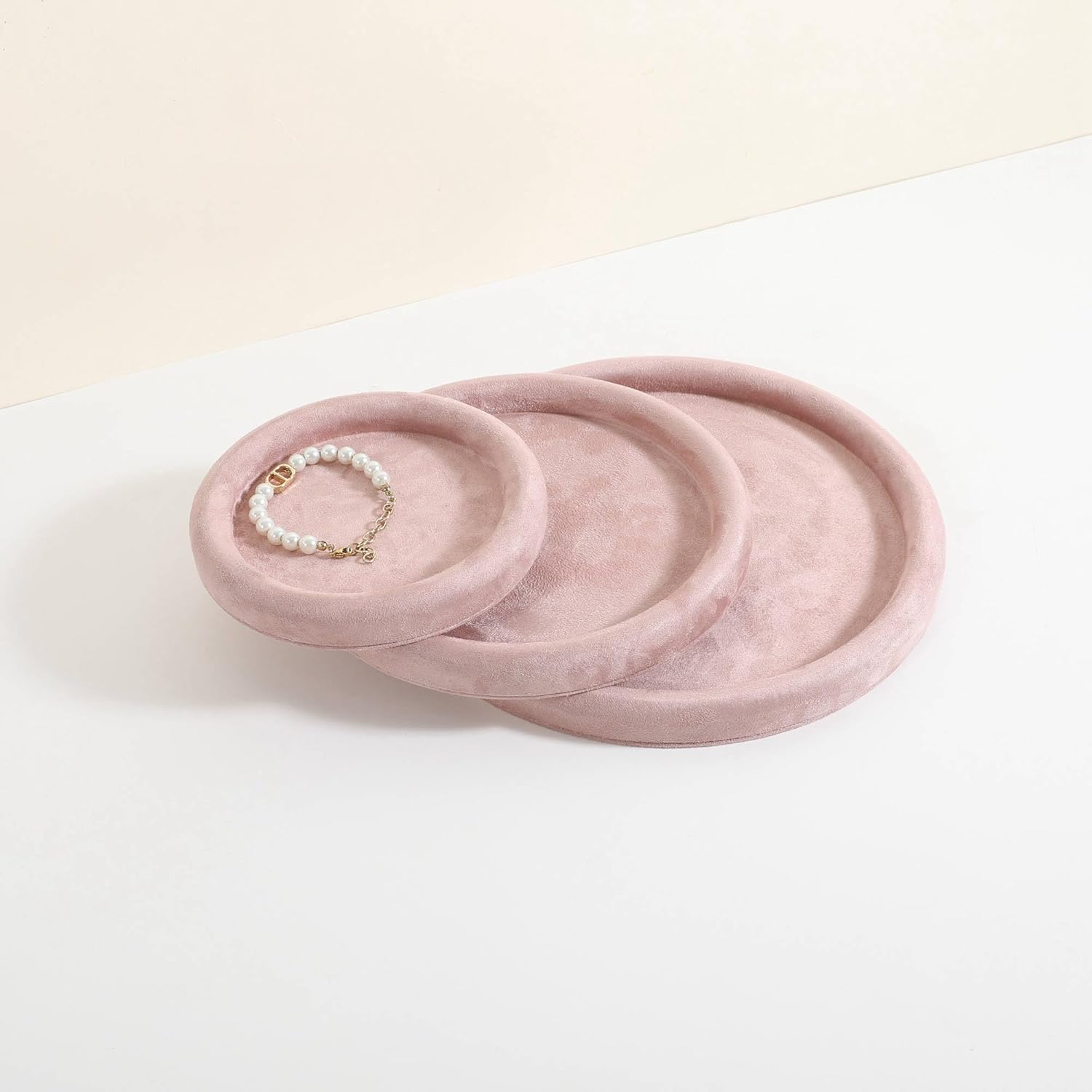 GemeShou Round Jewelry Organizer Plate, Top Microfiber Velvet Jewelry Display Tray, Empty Jewelry Showcase Tray for Necklaces, Bracelets, Rings, Earrings (Pink-Small, 5.9 x 5.9 in) - Image 2