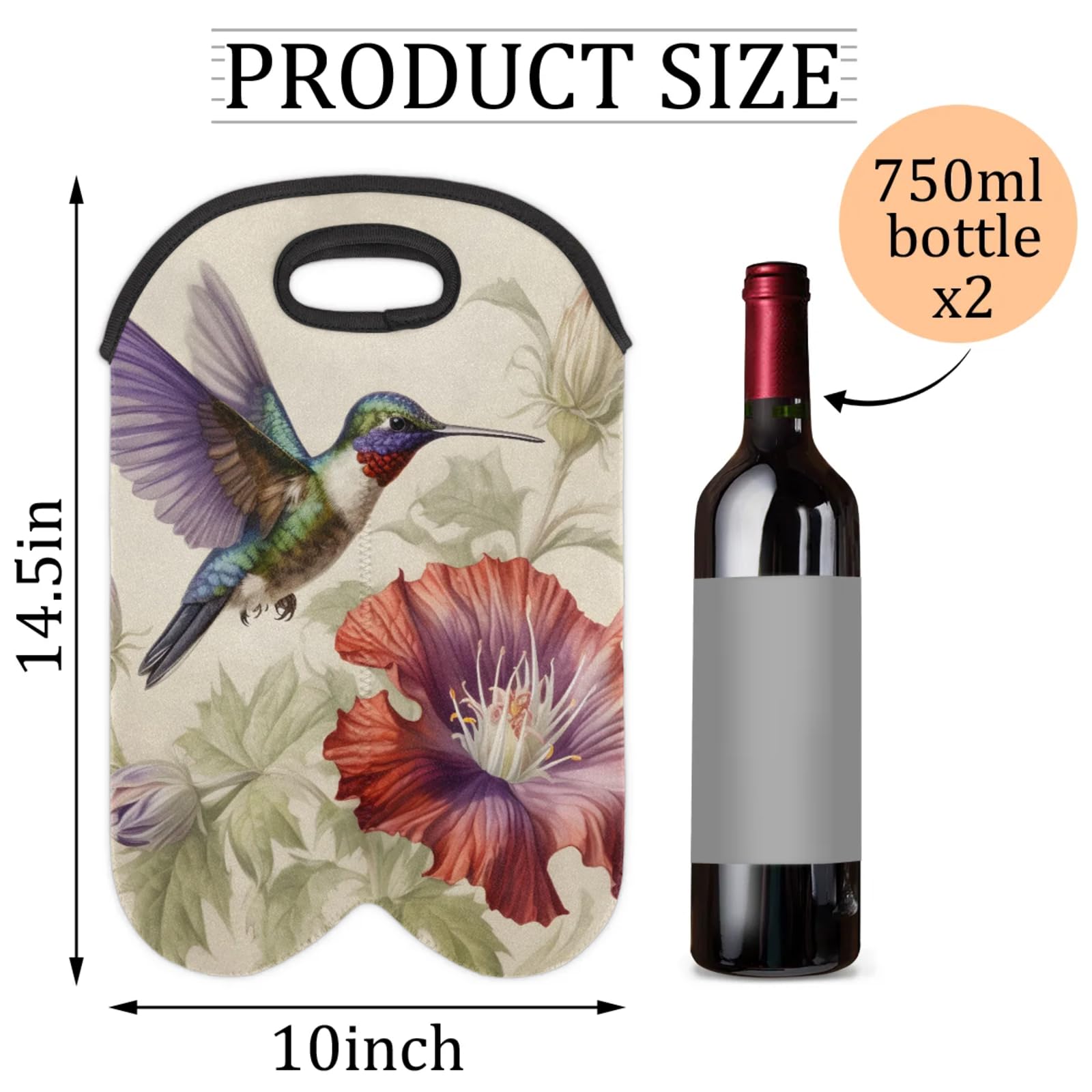 GzLeyigou 2 Bottles Hummingbird Wine Bag Sleeve Totes Neoprene Protective Wine Carrier Bag for Wine,Water, Champagne, Beer, Baby Bottles,Gift 14.5 x 10 Inches