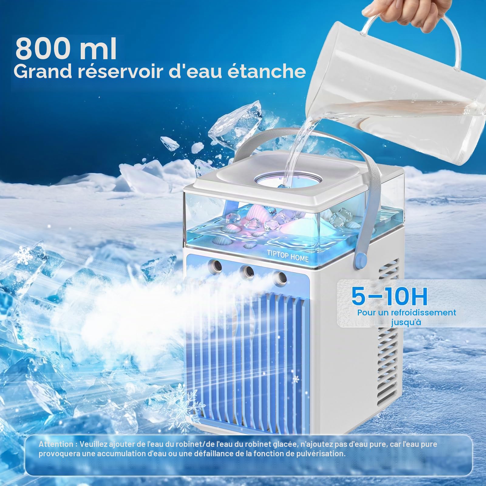 Mini Climatiseur Mobile 5 en 1, Ventilateur Portable, Ventilateur Climatiseur avec 3 Vitesses et 3 Modes Brumisation, Contrôle APP, Climatiseurs Sans Évacuation pour Chambre Voiture, 6 Glaçons