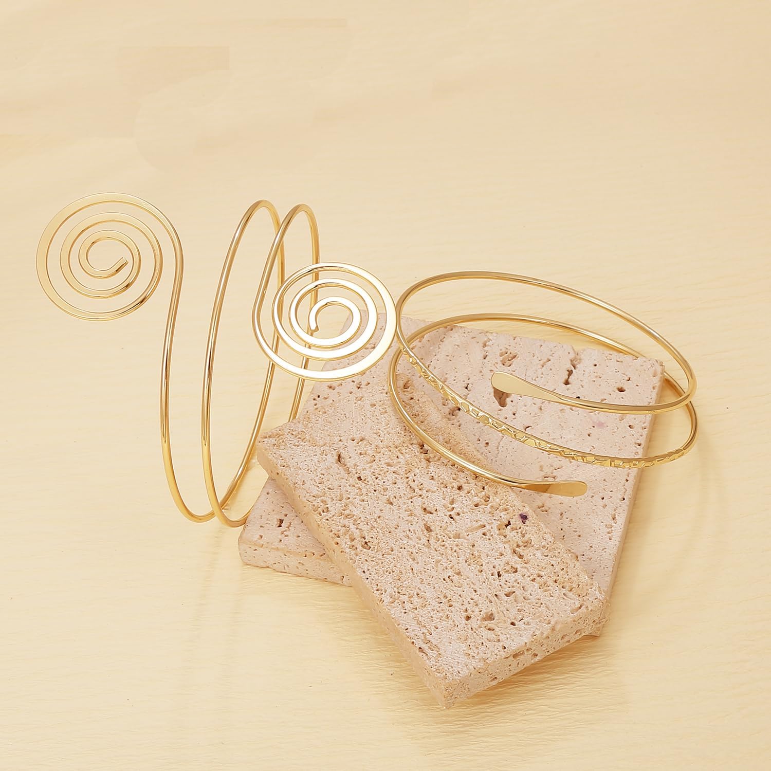 BROCC 2PCS Gold Coil Swirl Upper Arm Bracelet for Women Open Upper Arm Cuff Bangle Armlet Gold Silver Adjustable Armband Bracelet Set - Image 4