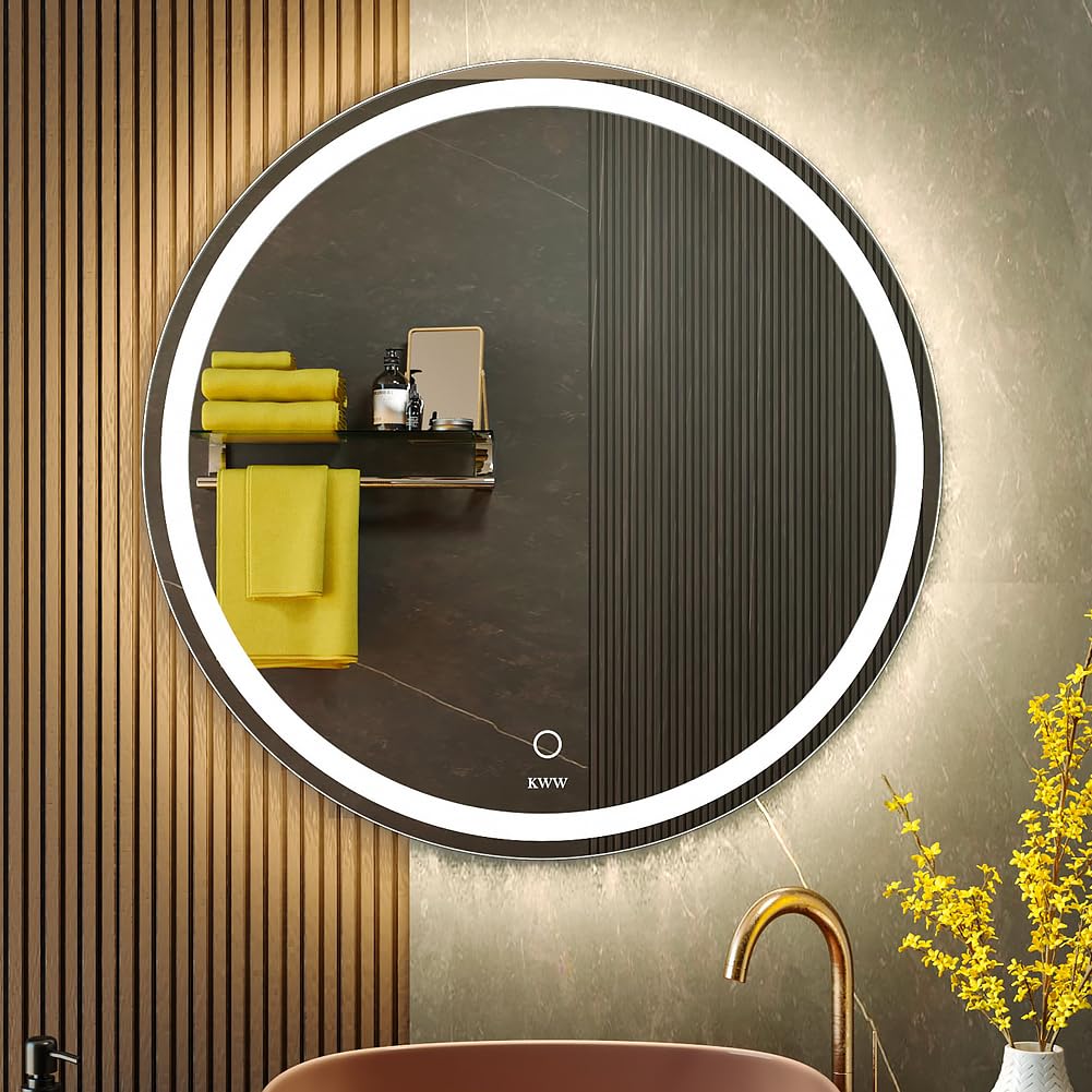 KWW 700 mm LED Bathroom Mirror, Fácil de Instalar Espejo de mMaquillaje Redondo, Temperatura de Color Ajustable, Luz antiniebla, Espejo Montado en La Pared con Botón Táctil Inteligente