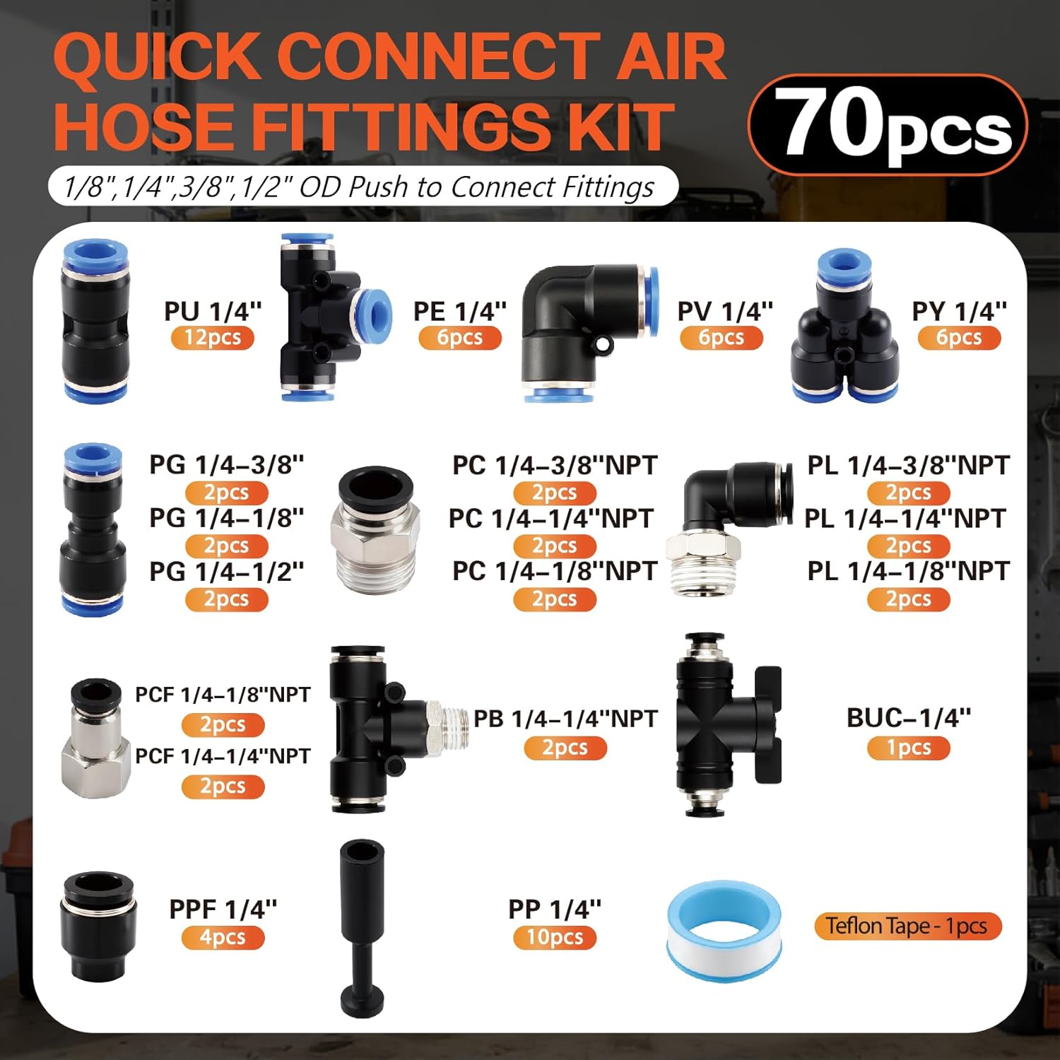70PCS Air Hose Push to Connect Fittings Kit,1/4 1/8 3/8 1/2" OD Pneumatic Air Line Fittings Assortment with NPT Threads, Quick Connect Air Fittings for Air Compressor, Air System and Auto
