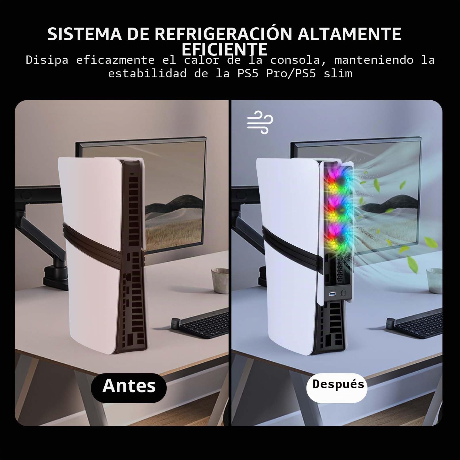 Ventilador para PS5 Slim/ PS5 Pro, Ventilador de Refrigeración para PS5 Pro/ PS5 Slim con luz LED & Detección automática de temperatura, Refrigeracion para PS5 Pro/Slim Disc y Digital Ediciones