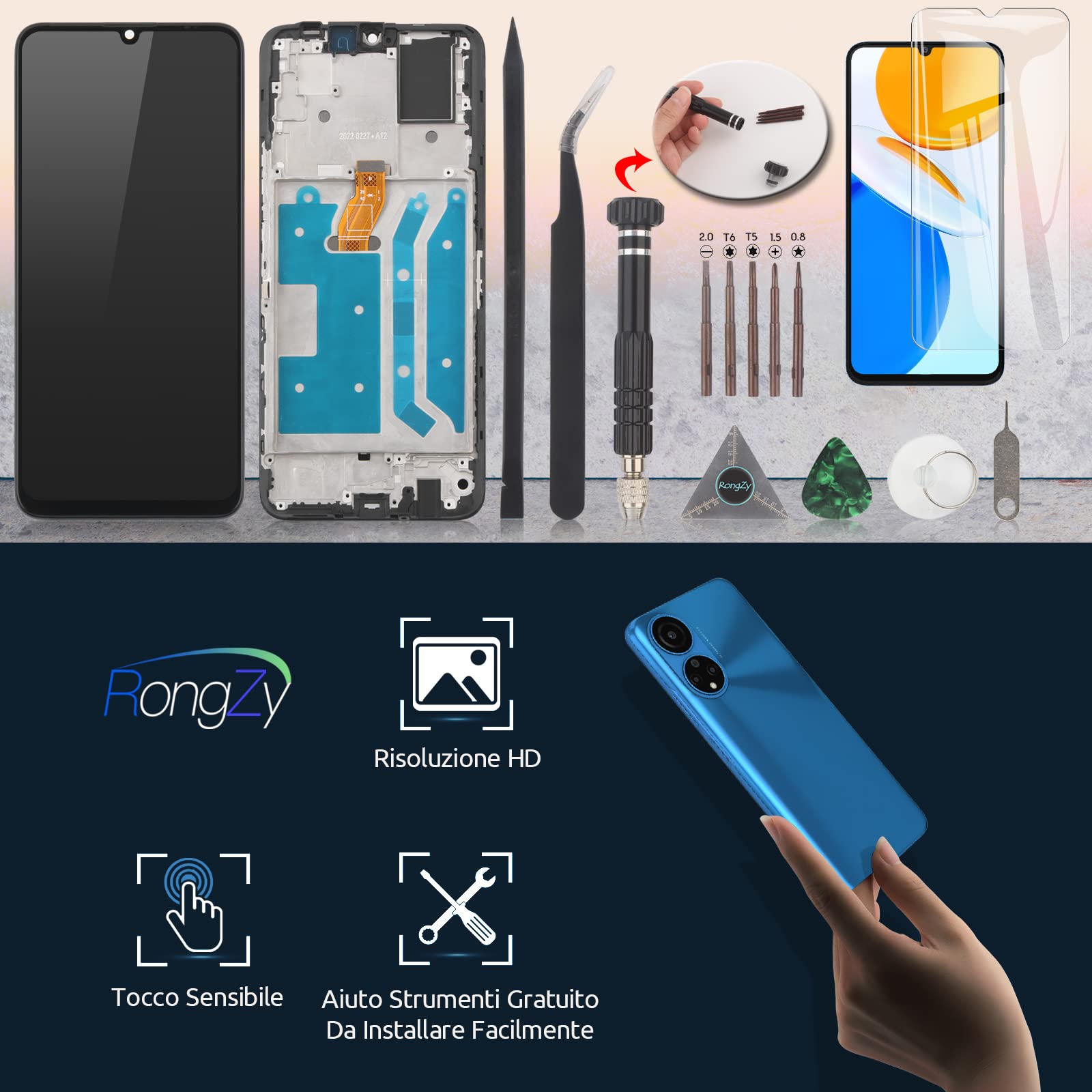 RongZy Schermo LCD per Honor X7 CMA-LX1 LX2 LX3 Sostituzione Display Digitizer Assembly Vetro di Ricambio Touch Screen con Strumenti(6.74",Nero con Cornice)