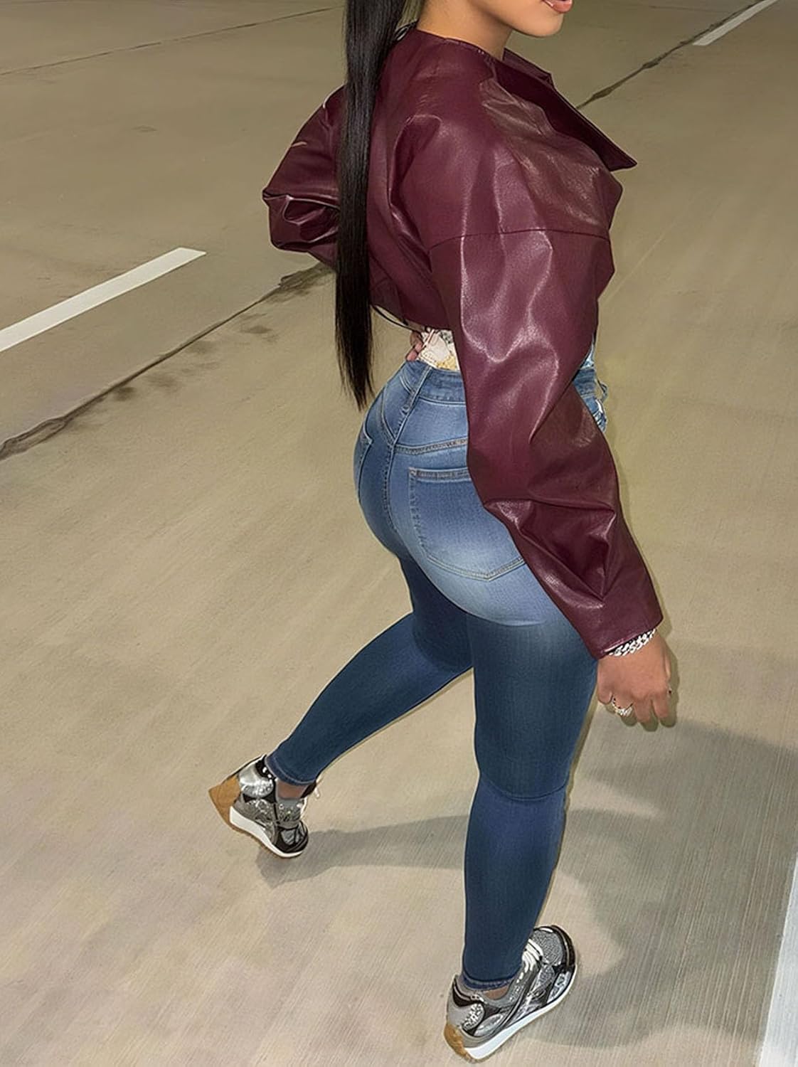 Faux Leather Jacket Women Crop Long Sleeve Lapel Neck Button Down PU Coats - Image 4
