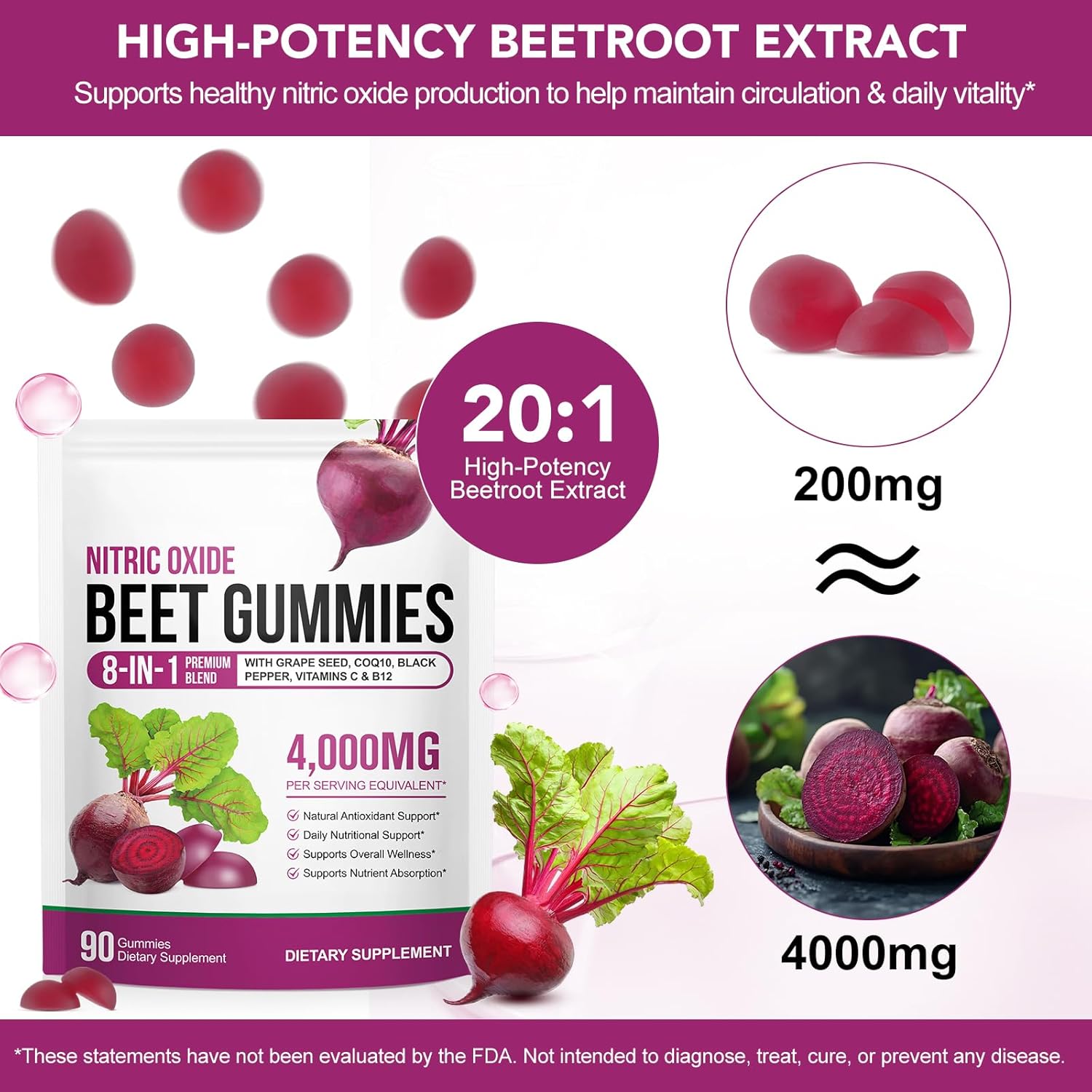Beet Root Gummies 4000mg - 8-in-1 Heart & Circulation Support Supplement - High Potency Beet Chews with Beetroot, Grape Seed, CoQ10, Vitamin C & B12 - Mixed Berry Flavor, Vegan, 90 Count - Image 9