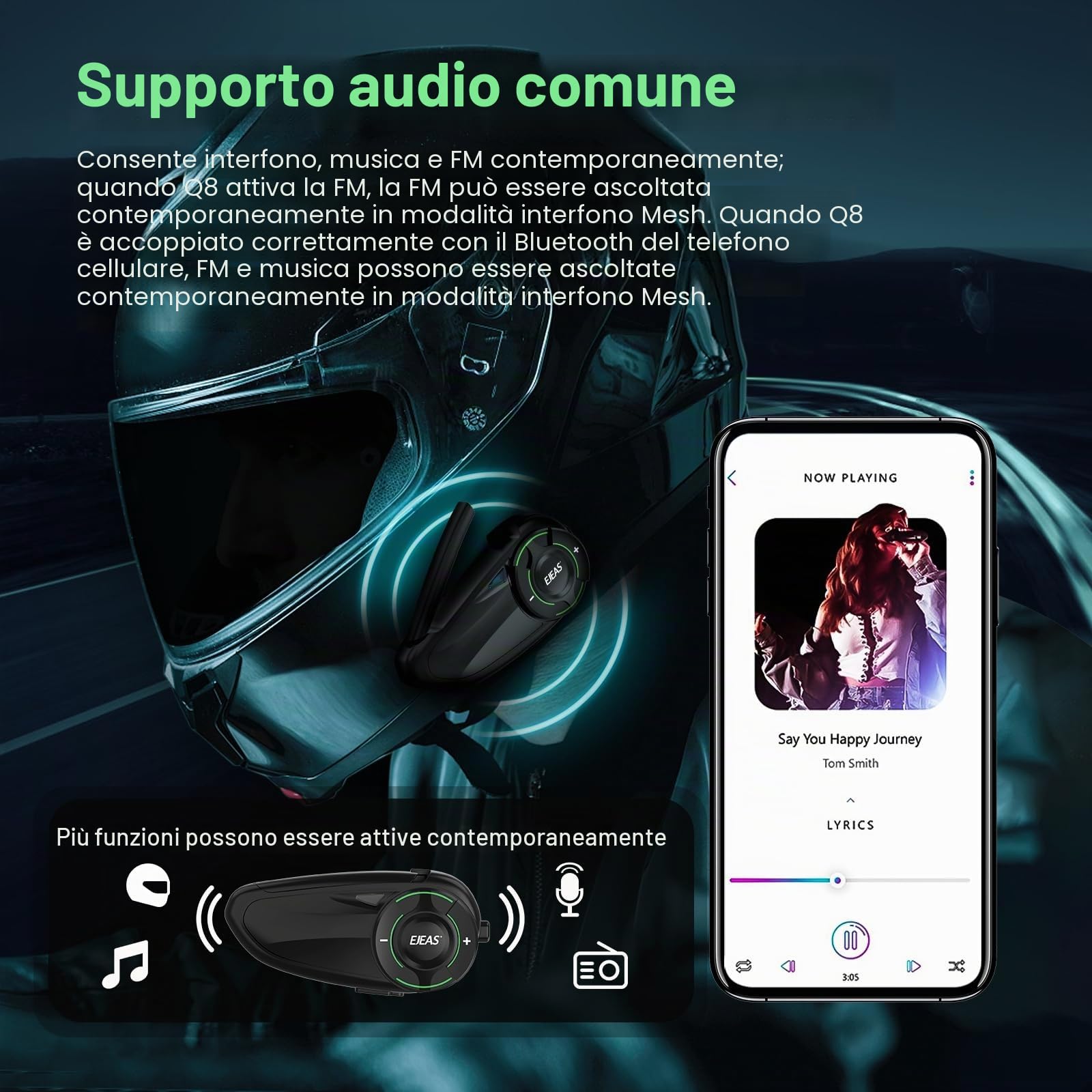EJEAS Q8 Mesh 3.0 Sistema di Comunicazione Interfono Moto, Interfono Casco Moto Bluetooth 5.1 con Riduzione del Rumore CVC e Condivisione di Musica per 6 Motociclista (Confezione da 1)