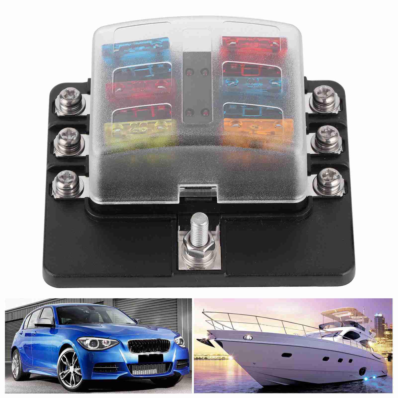 Sicherungshalter, 6-Wege-PBT-Box mit LED-Anzeige für Auto, Marine, Boot, Yacht, Hochwertig, Langlebig, Isoliert, Schwarz