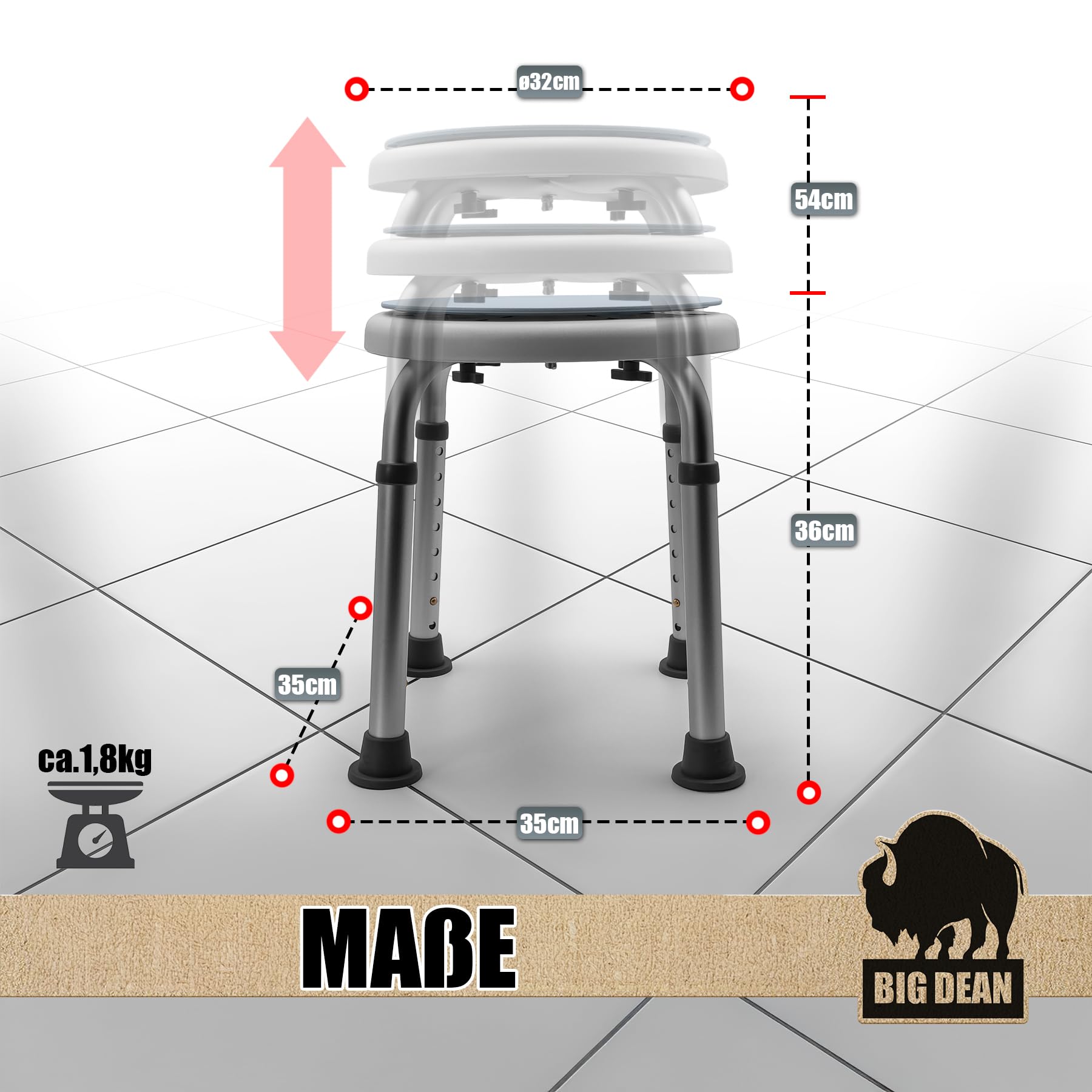 Duschhocker 360° drehbarer belastbarer Duschstuhl bis 136 kg höhenverstellbarer Duschhocker. rutschfest durch Gummifüße