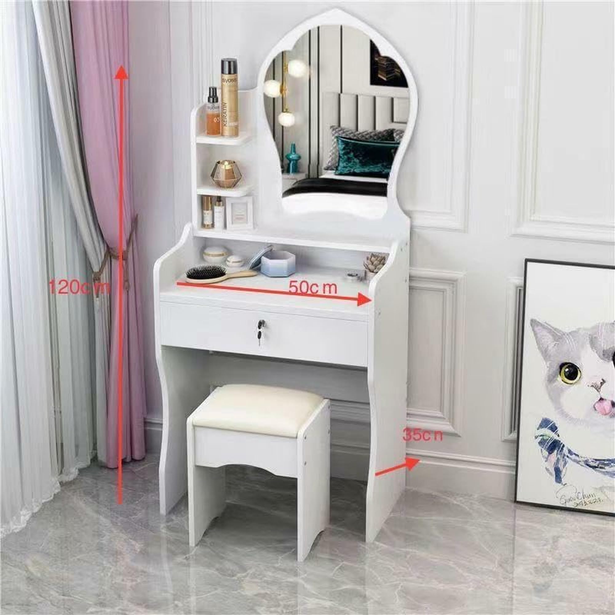 GrecoShop Scrivania Bambini Toeletta Vanity Table Tavolo Trucco Specchio Ovale e Sgabello, Mobile Make‑Up+Cassetto e Ripiani, Postazione Trucco per Ragazze e Bambine, Arredo Bianco per Camera da Letto