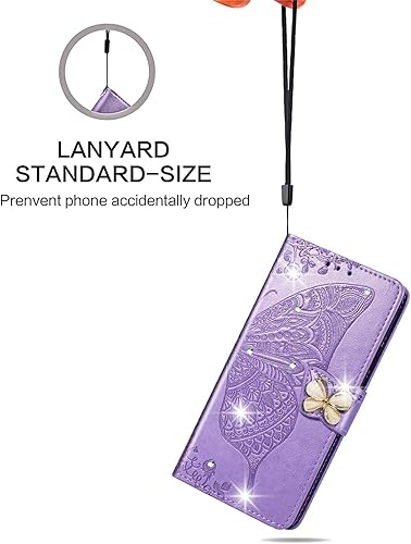 Miniatura 4 de Funda compatible con Galaxy A32 4G con diseño de mariposa con diamantes en relieve, de piel sintética, ranuras magnéticas para tarjetas con soporte