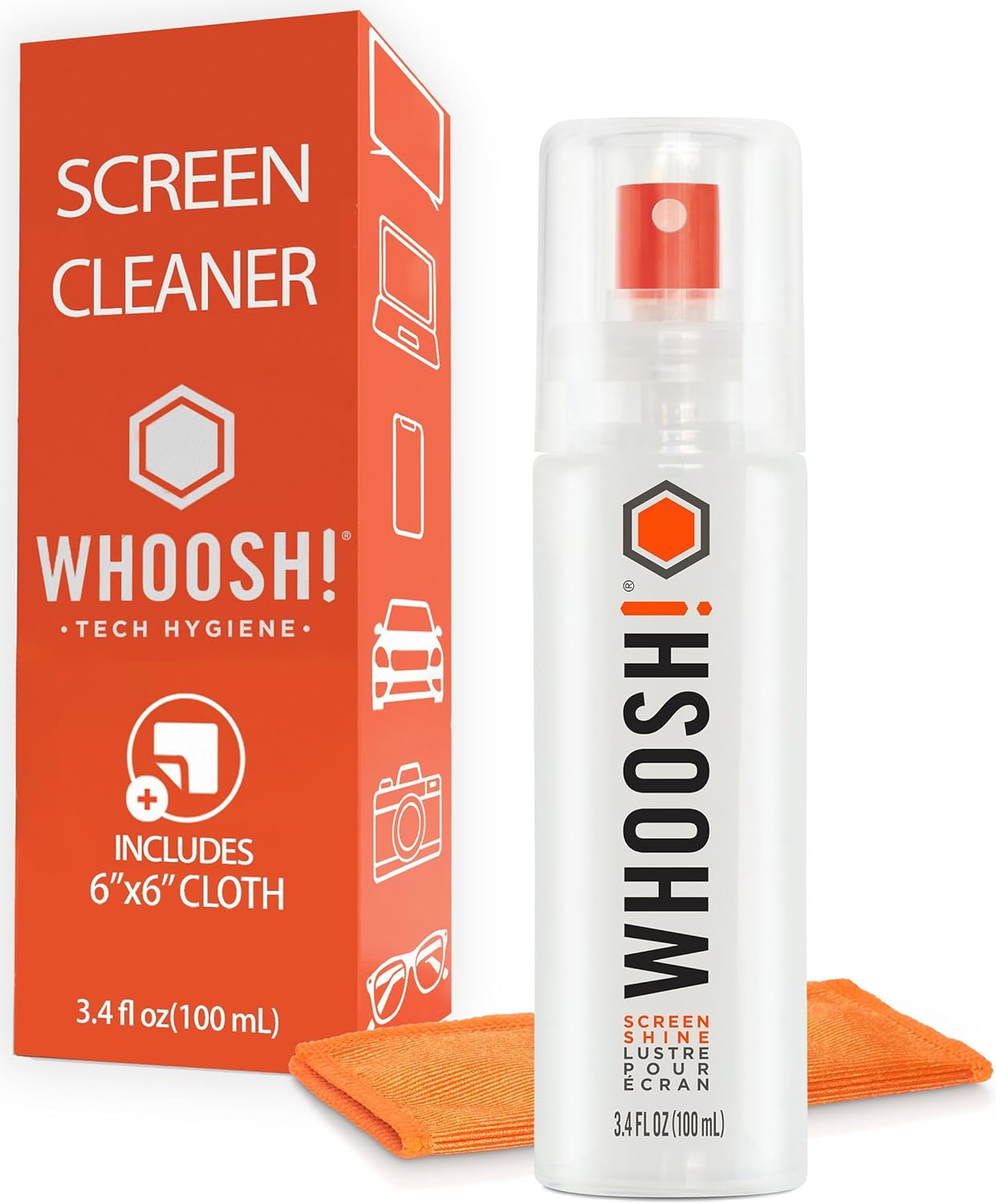 WHOOSH! Screen Cleaner Spray and Wipe - 3.4 fl oz  1 Microfiber Cloth Wipes - Travel Size Electronic Cleaner for Car, Computer, Laptop, iPad, MacBook, Phone, Watch, Eyeglass - Lens Cleaner Kit