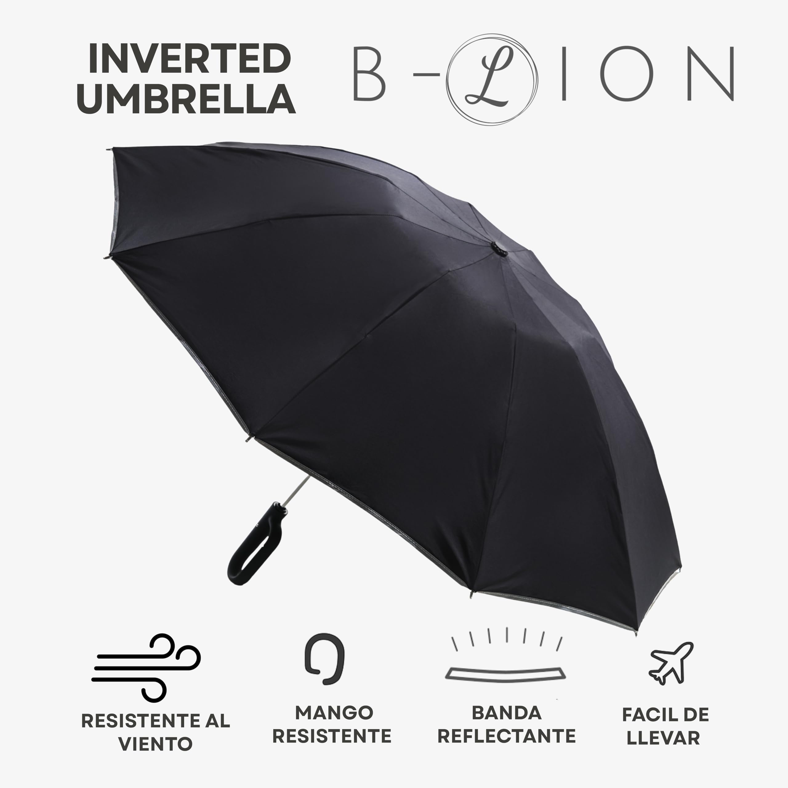 B-LION Paraguas Plegable Invertido con 10 Varillas Reforzadas, Banda Reflectante, Apertura y Cierre Automático, Antiviento y Mango con Hebilla – Fácil de Llevar para Hombre y Mujer
