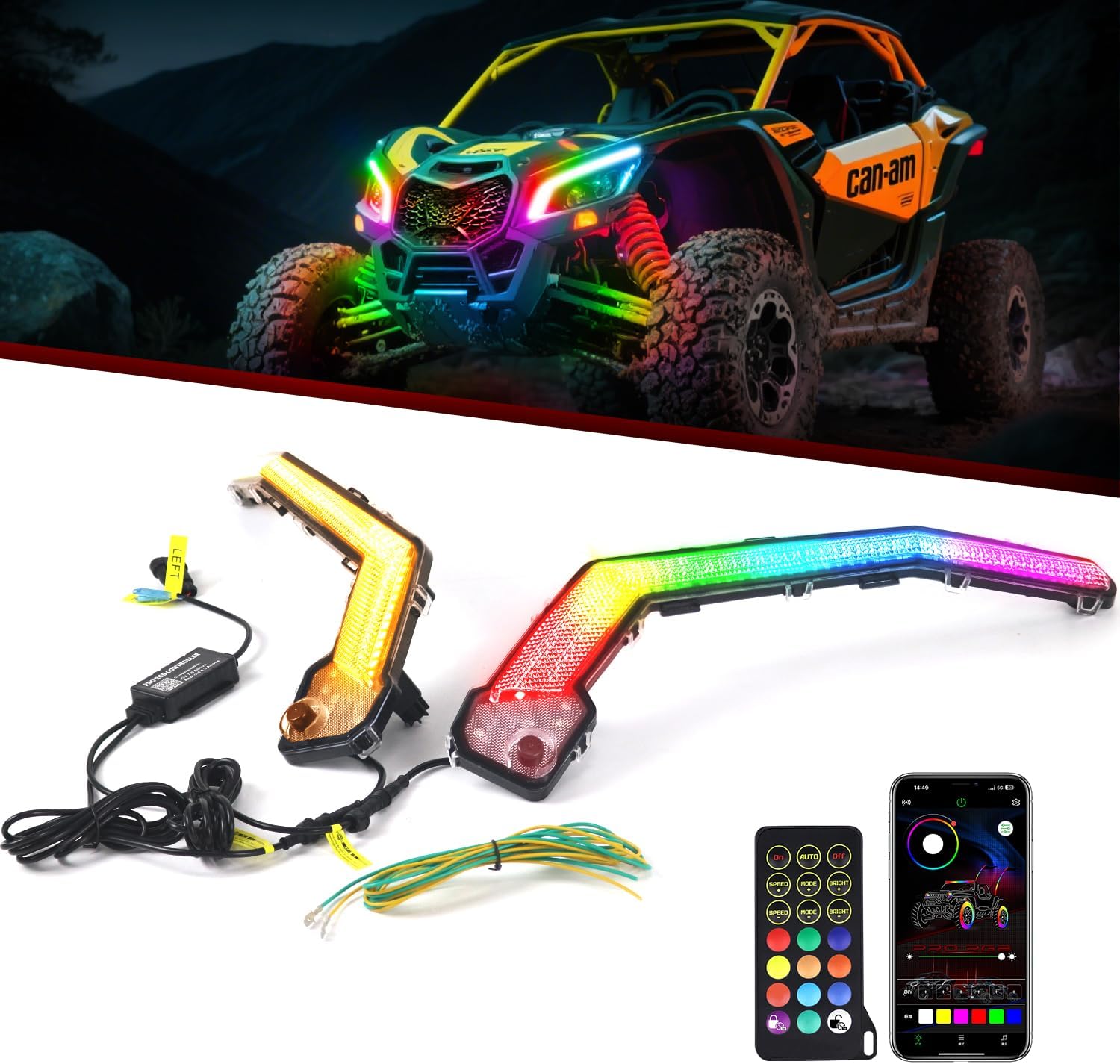 RGB LED Front Signature Beam Lights Replacement for Can Am Maverick X3 XDS XRS Max Turbo R 2017-2024,with DRL Turn Signal X3 Fang Light Assembly, IP68 Waterproof,Plug and Play,Remote/App Control