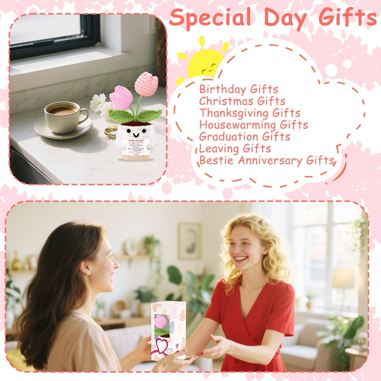 Friendship Gifts for Women Tulips Crochet Flowers Emotional Support Crochet Funny Small Christmas Birthday Gift for Women Personalized Best Friend Coworker Cute Unique Gifts Desk Accessories Decor