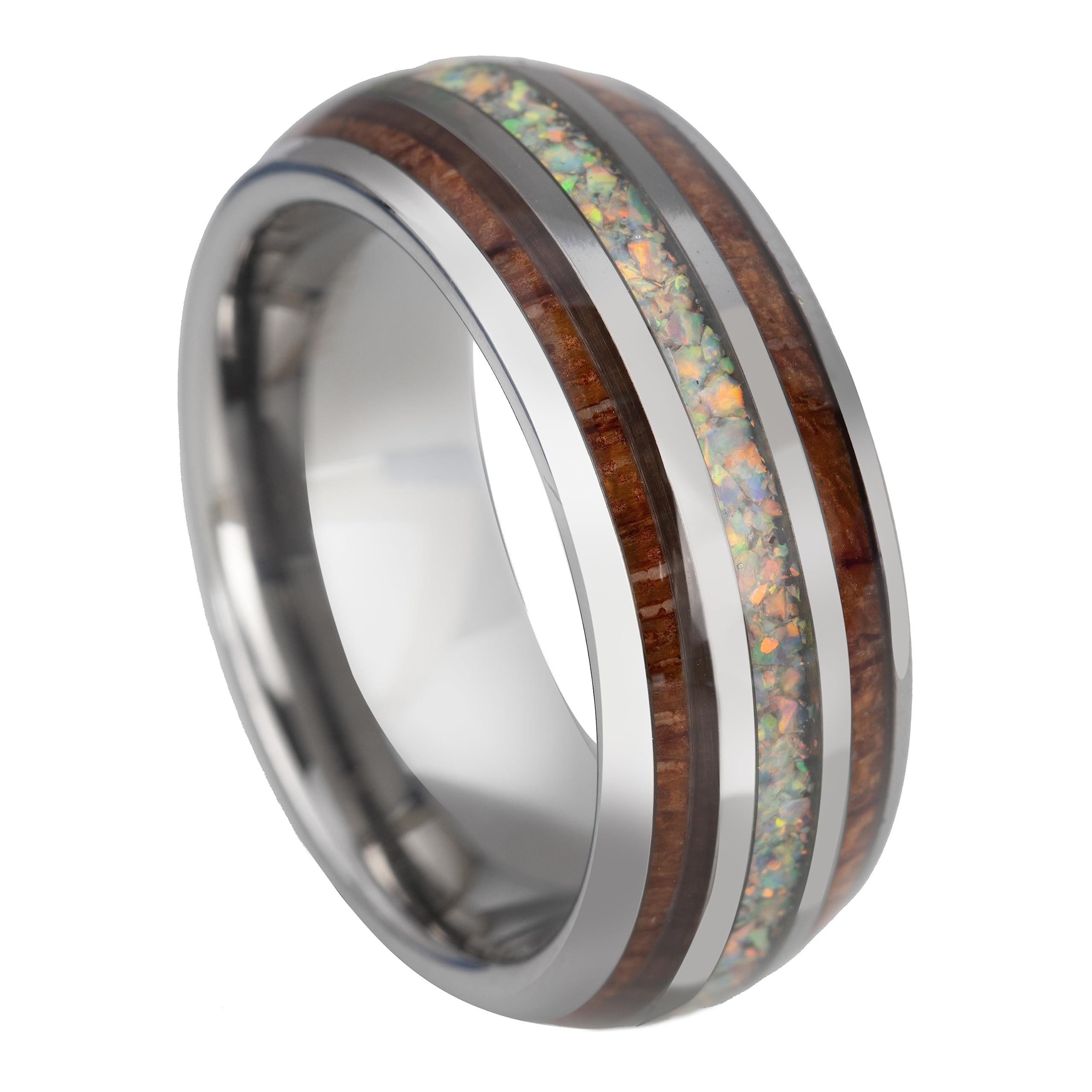 Aloha Jewelry Co. 8mm Opal Tungsten Carbide Hawaiian Koa Tree Wood with Created Comfort Fit Ring Engagement Wedding Band Dome Style Weighted High