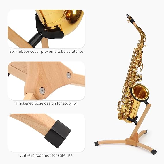 Saxophone Stand for Alto Tenor, Handmade Sax Floor Display Wood Holder Rack | Solid beechwood. Triangular non-slip leg prevent tipping. Rubber sponge pad arms protect sax finish. Smooth polished edges.