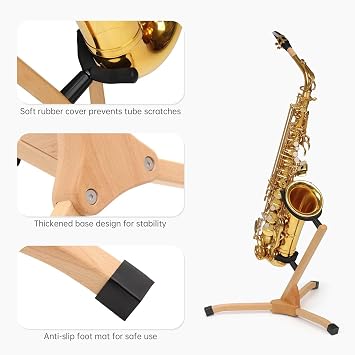 Saxophone Stand for Alto Tenor, Handmade Sax Floor Display Wood Holder Rack | Solid beechwood. Triangular non-slip leg prevent tipping. Rubber sponge pad arms protect sax finish. Smooth polished edges.