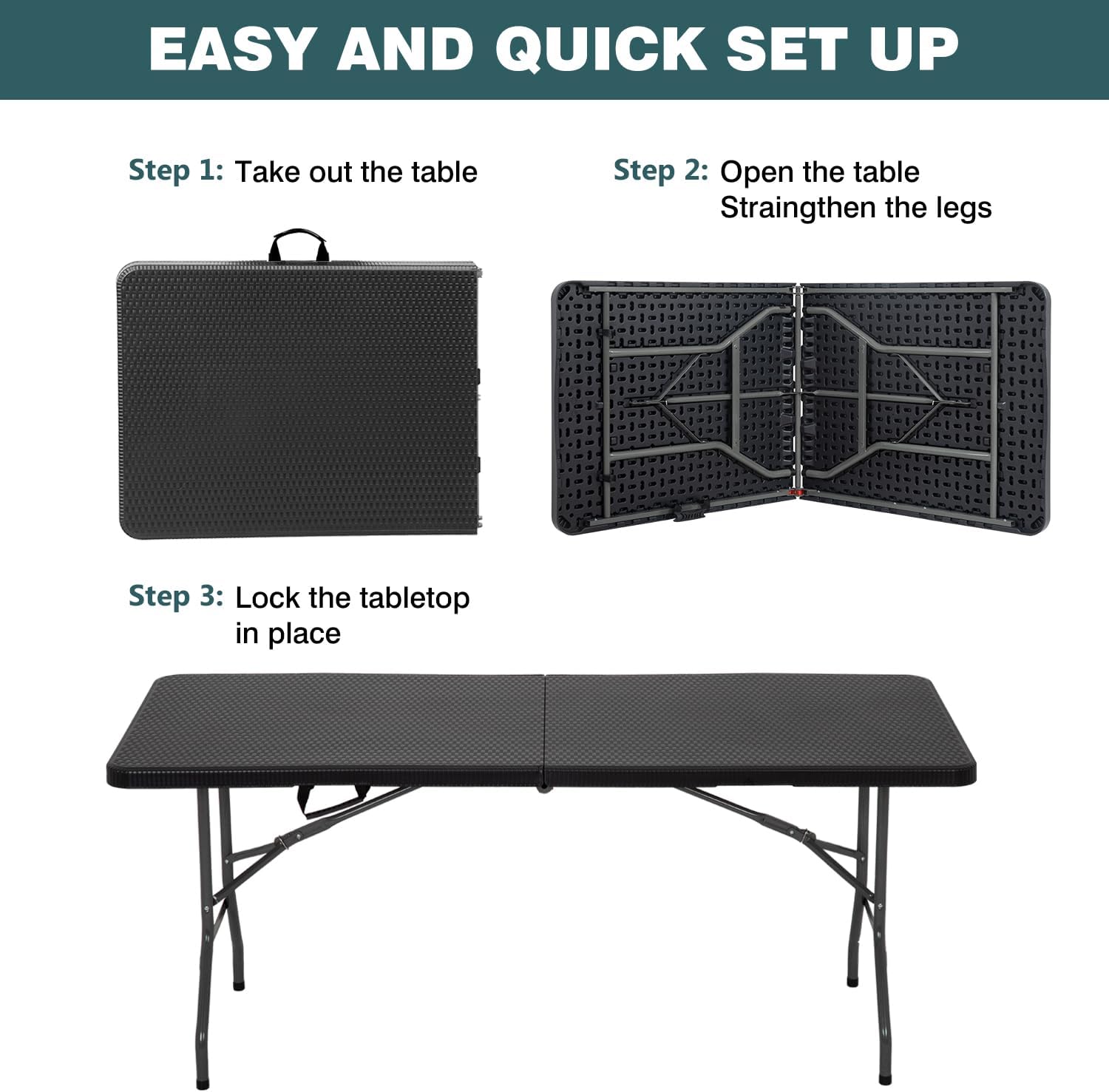 FDW 6 Foot Outdoor Dining Table, Foldable Portable Rectangular Plastic Folding Table with Built in Carrying Handle for Party and Wedding Use, Black Ratten thumbnail