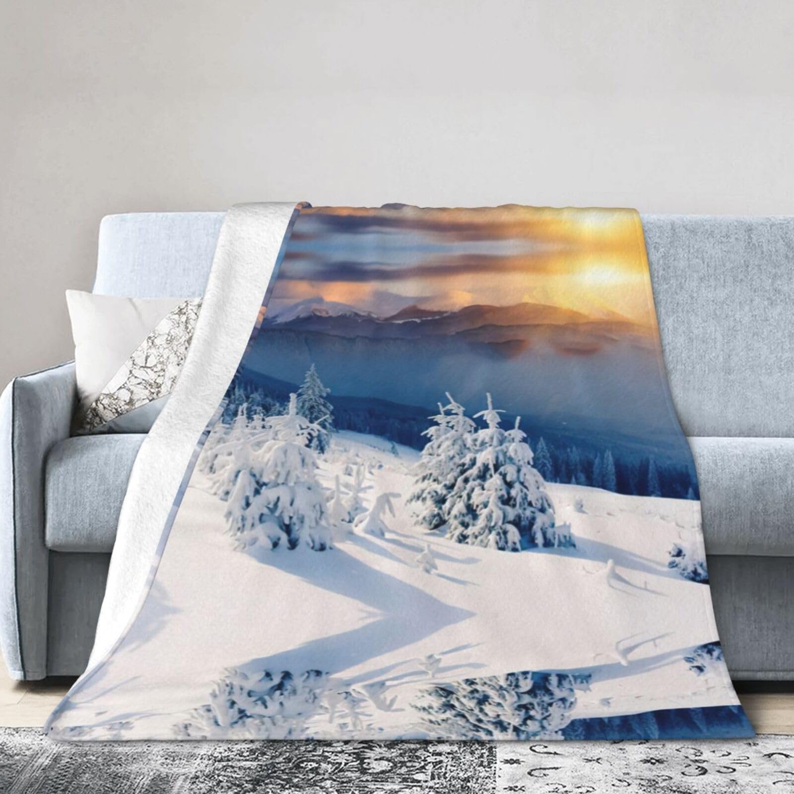 Uusnwaa Soft Cosy Fleece Warm Throw Sunset Winter Mountains Print Blanket